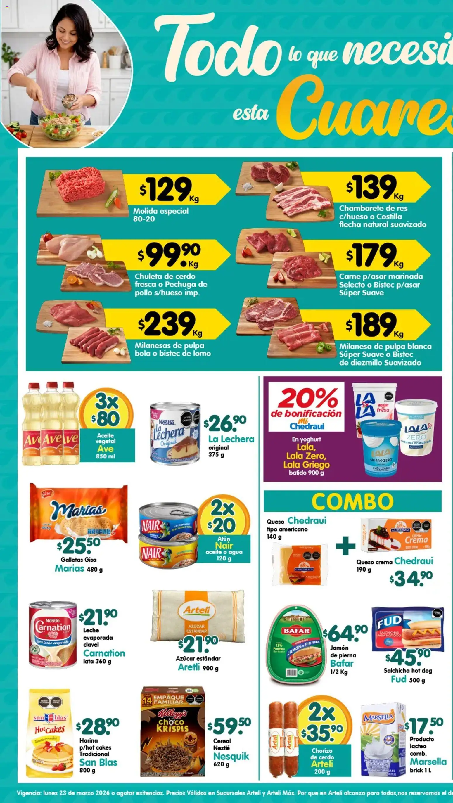 Vista previa las ofertas de la tienda Arteli - Arteli folleto desde el 23/03/2026 - Galletas, Proteína, Azúcar, Queso crema, Aceite, Atún, Milanesa, Jamón