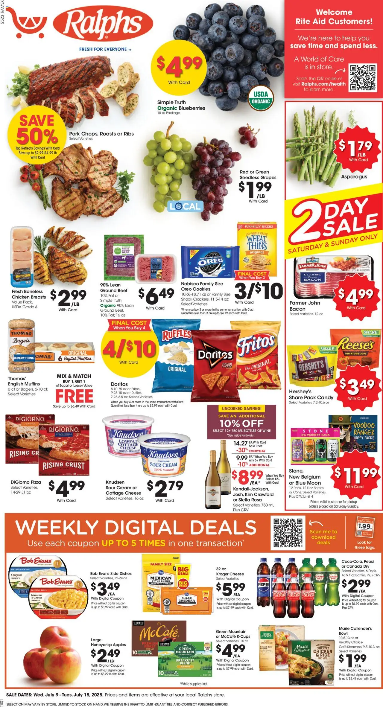 Ralphs Weekly Ad - CA from 07/09/2025 - Flyer - Page number 1 - Asparagus, Cheese, Wine, Oreo, Cottage cheese, Ground beef, Seedless grapes, Muffins