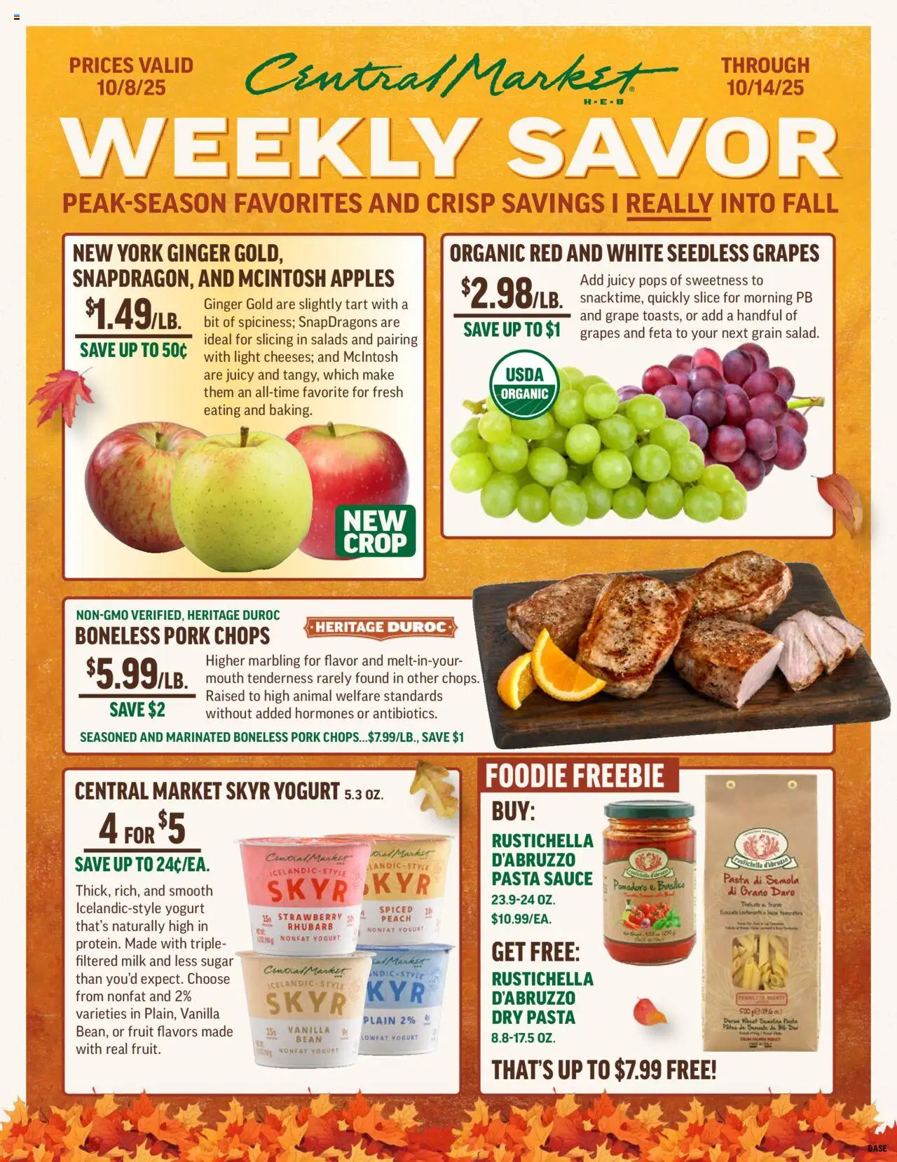 Central Market Weekly Ad from 10/08/2025 - Flyer - Page number 1 - Fruit, Milk, Yogurt, Peach, Sugar, Vanilla bean, Skyr, Seedless grapes