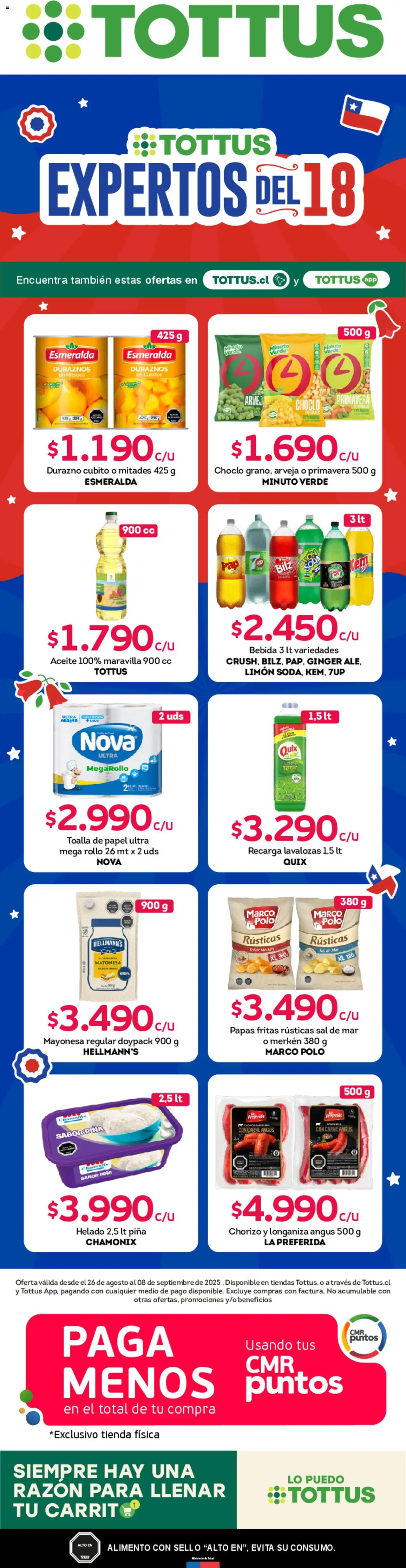 Tottus Ofertas > válido desde 25.08.2025 > número de página 1 - Papas, Helado, Papas fritas, Verduras, Chorizo, Choclo, Piña, Arveja