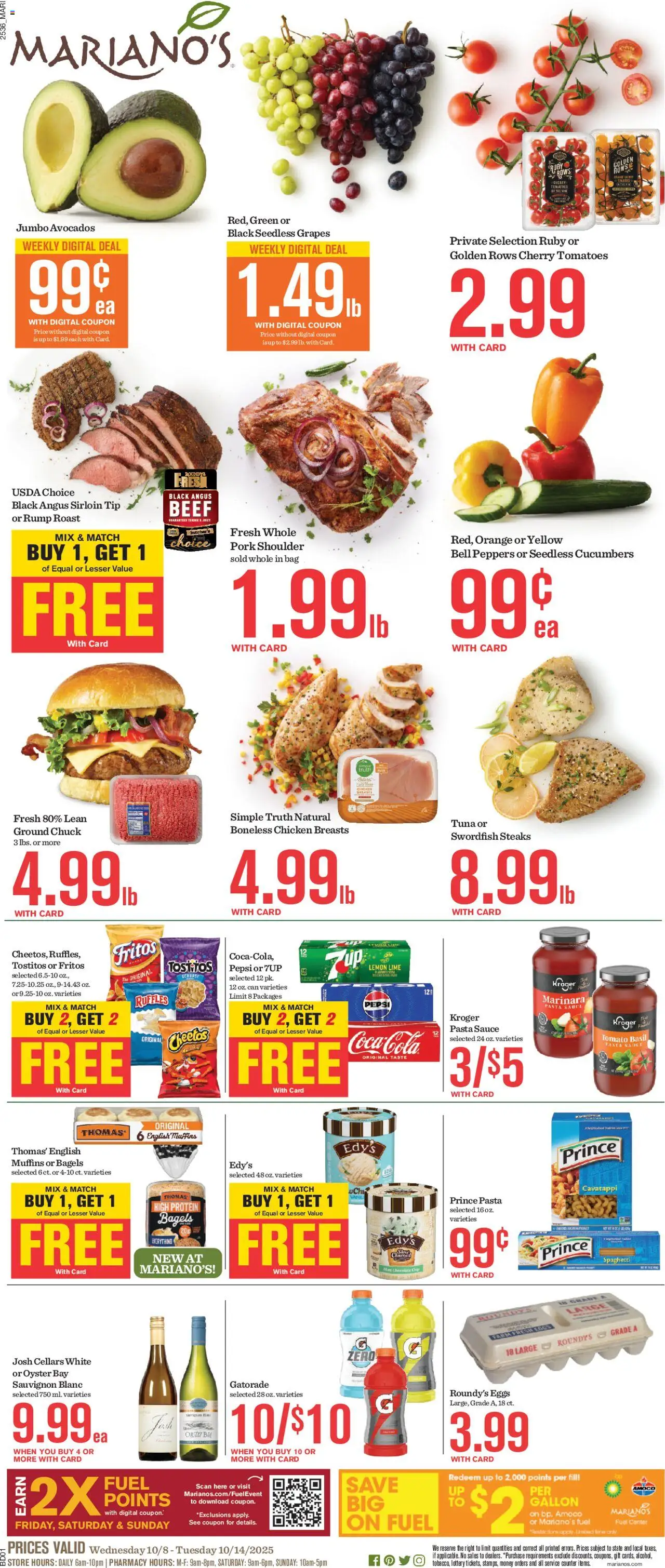 Ad Preview of Mariano's Weekly Ad from 10/08/2025 - Tomatoes, Protein, Tomato, Cucumbers, Tuna, Chocolate Chip, Pork shoulder, Cherry tomatoes