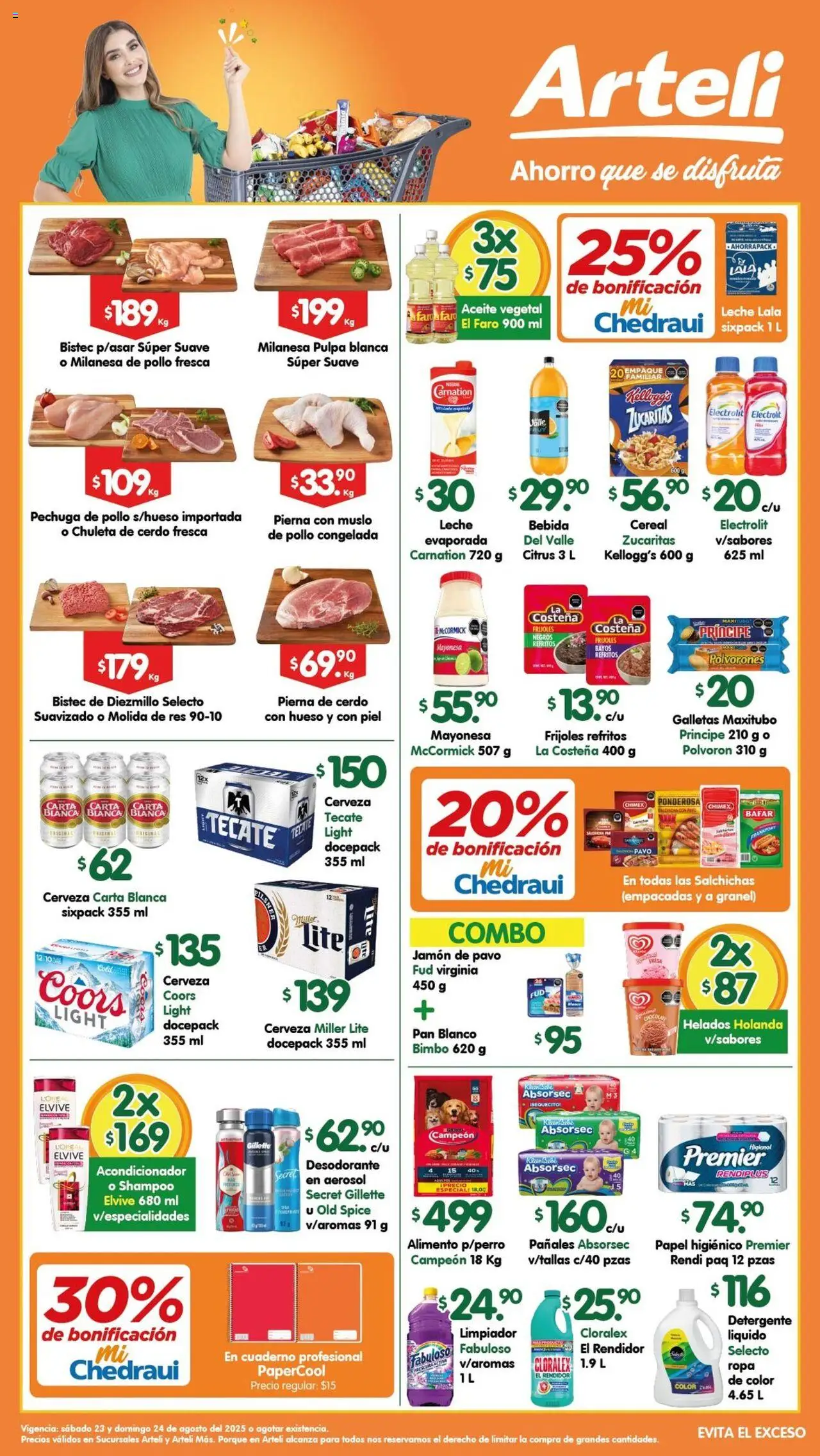 Folleto Arteli Arteli y sus promociones válidas desde el 23/08/2025 - Número de página 1 - Cerveza, Ropa, Papel higiénico, Cerdo, Mayonesa, Aceite vegetal, Pierna de cerdo, Detergente líquido