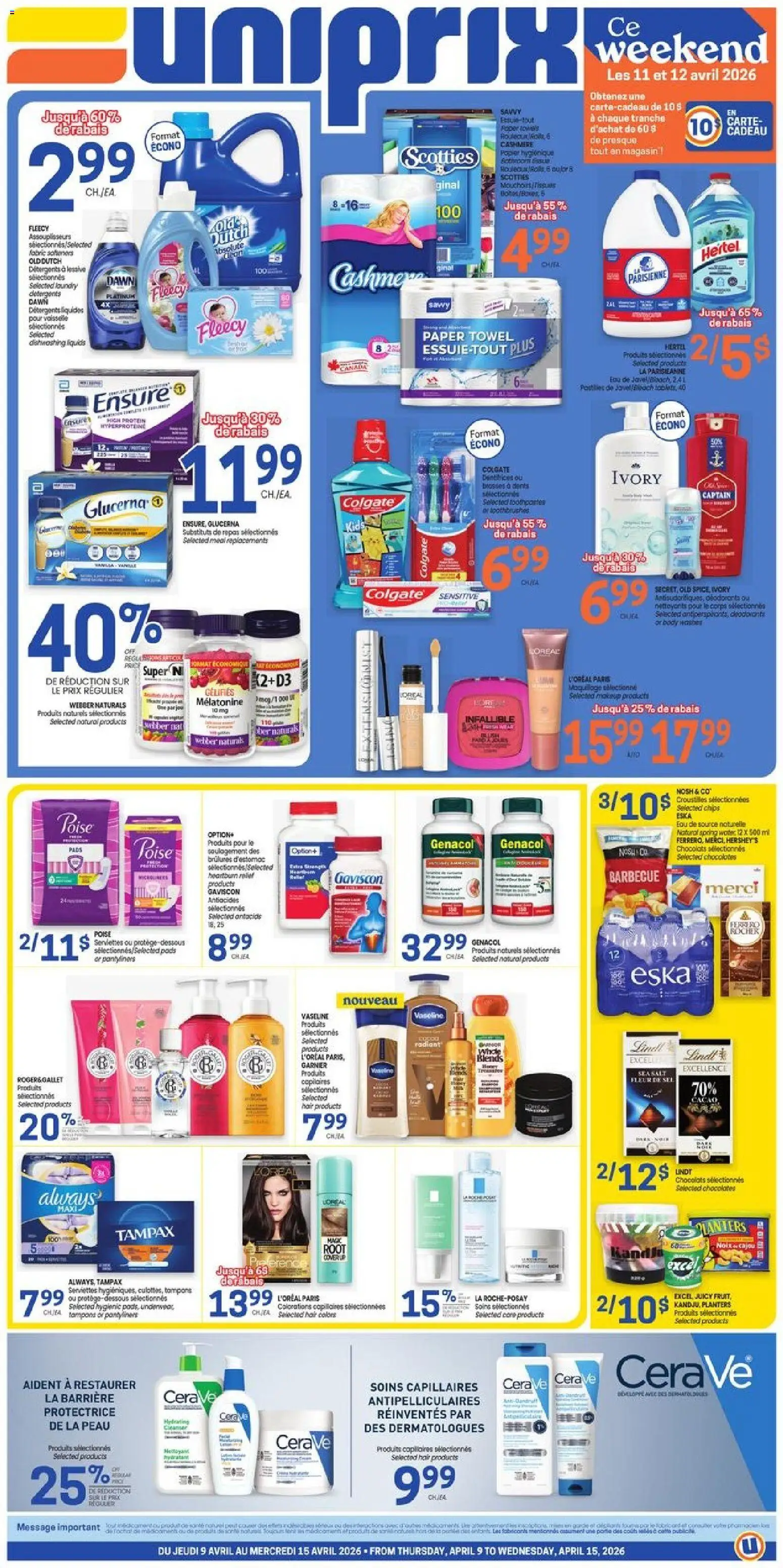 Preview of leaflet Uniprix weekly flyer / circulaire from shop Uniprix is valid from Apr 09, 2026 - Water, Lindt, Chips, Protein, Tampons, Spring water, Paper towels, Towels