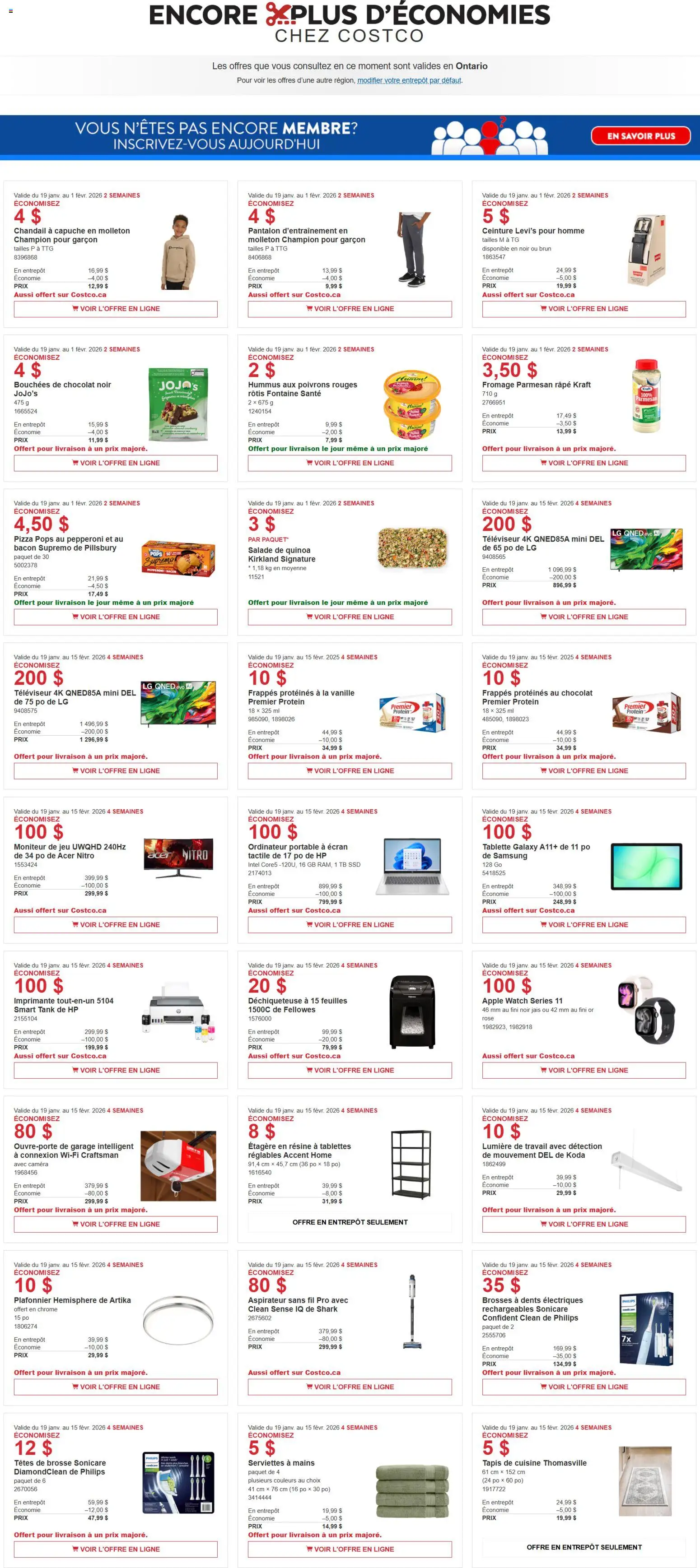 Preview of leaflet Circulaire from shop Costco is valid from Jan 19, 2026 - Parmesan, Salade, Plafonnier, Aspirateur sans fil, Serviettes, Vanille, Étagère, Râpe