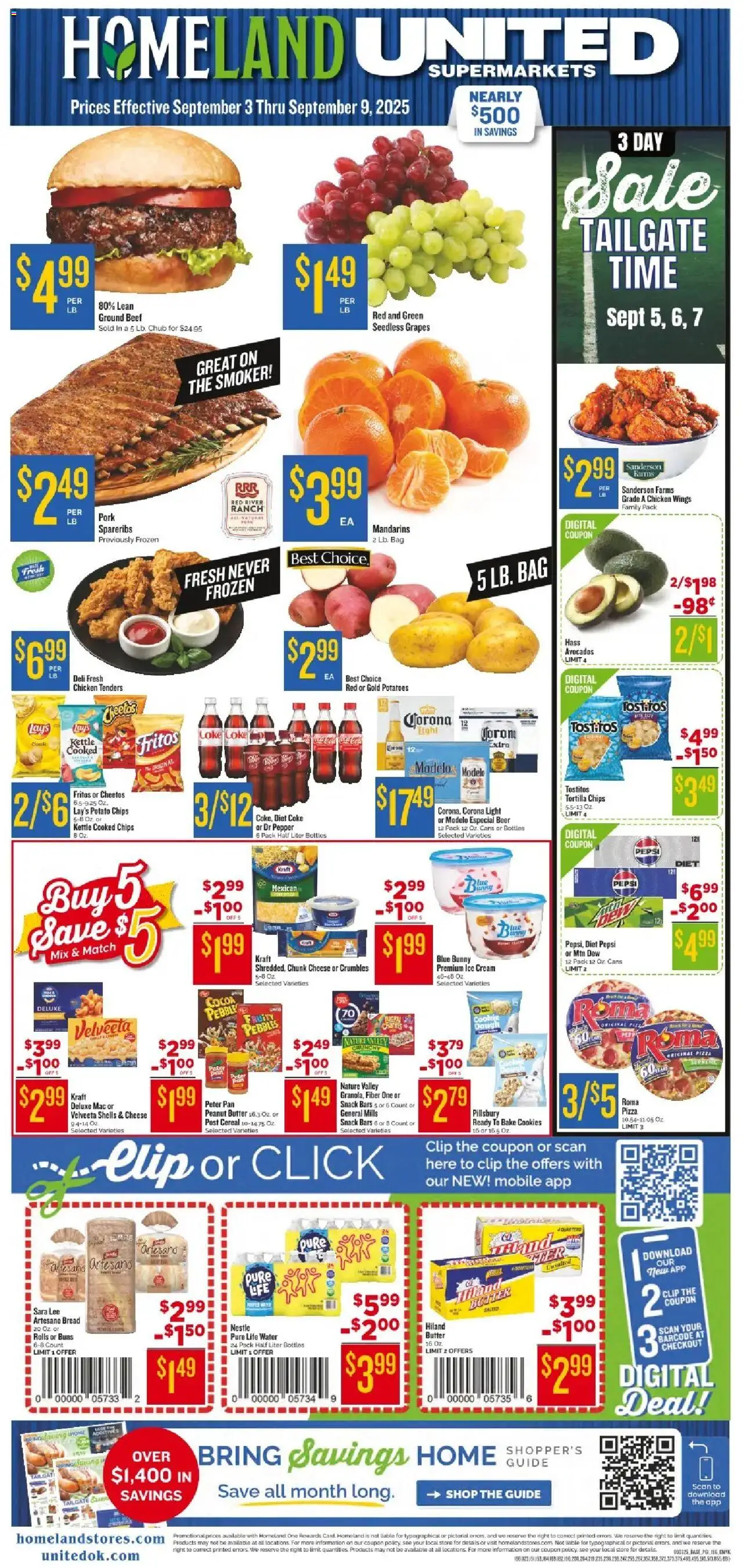 Homeland Weekly Ad 2 from 09/03/2025 - Flyer - Page number 1 - Cocoa, Ice, Pan, Butter, Pepsi, Potato chips, Dough, Table