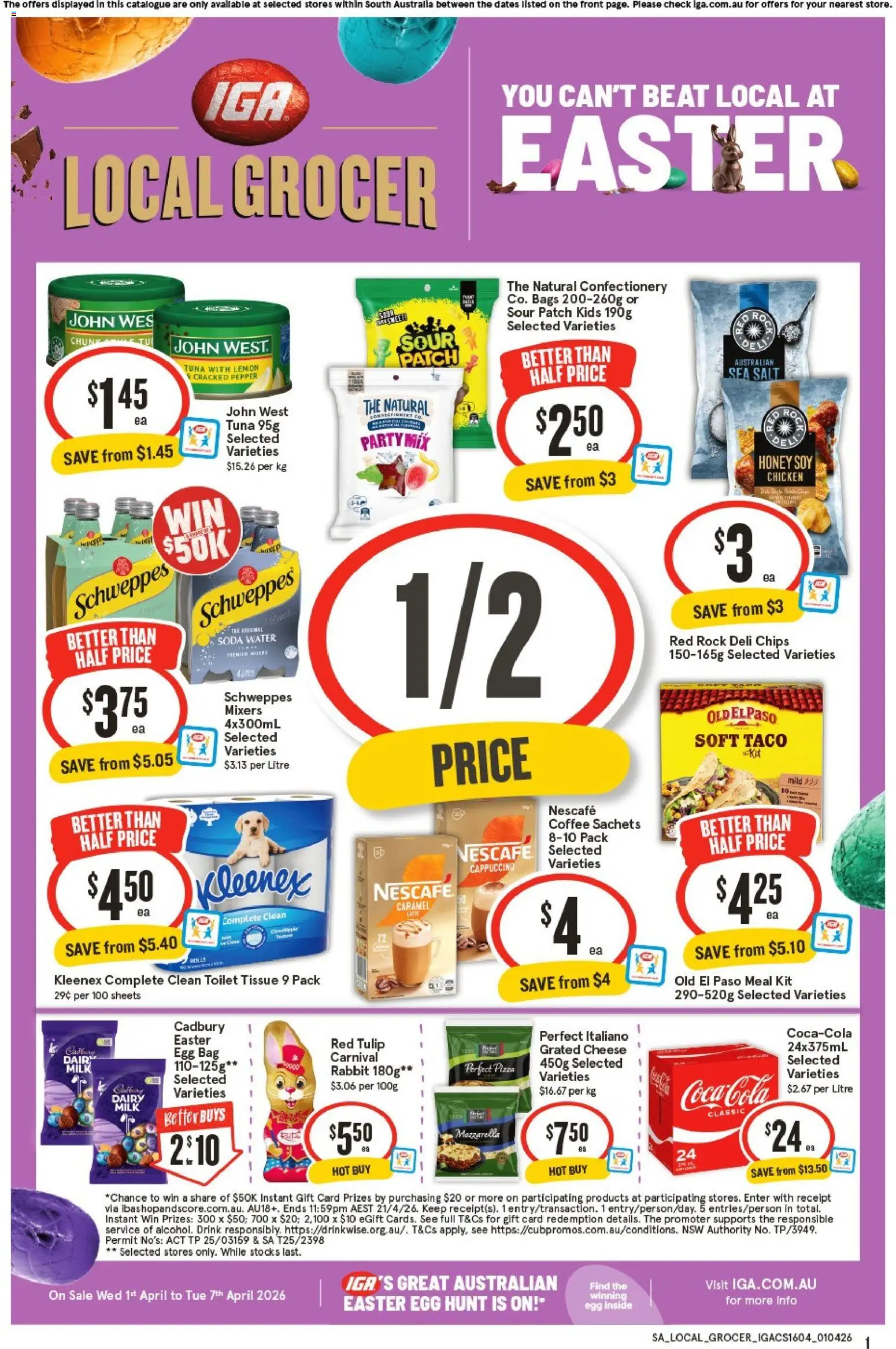 Preview of catalogue IGA Local Grocer SA from shop IGA valid 01/04/2026 - Milk, Pizza, Chicken, Chips, Cappuccino, Water, Lemon, Tuna