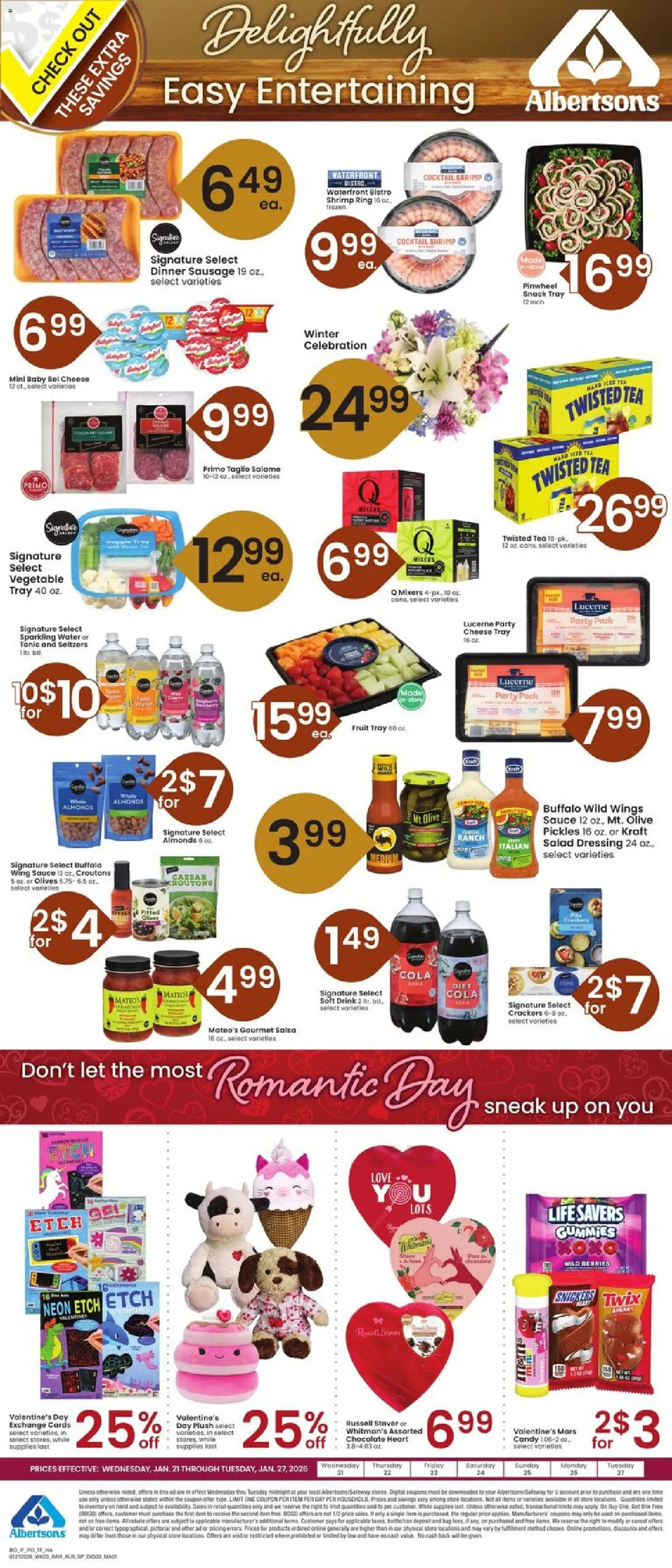Ad Preview of Albertsons Specialty Publication from 01/21/2026 - Chocolate, Candy, Salad, Pickles, Sausage, Snickers, Berries, Iced tea