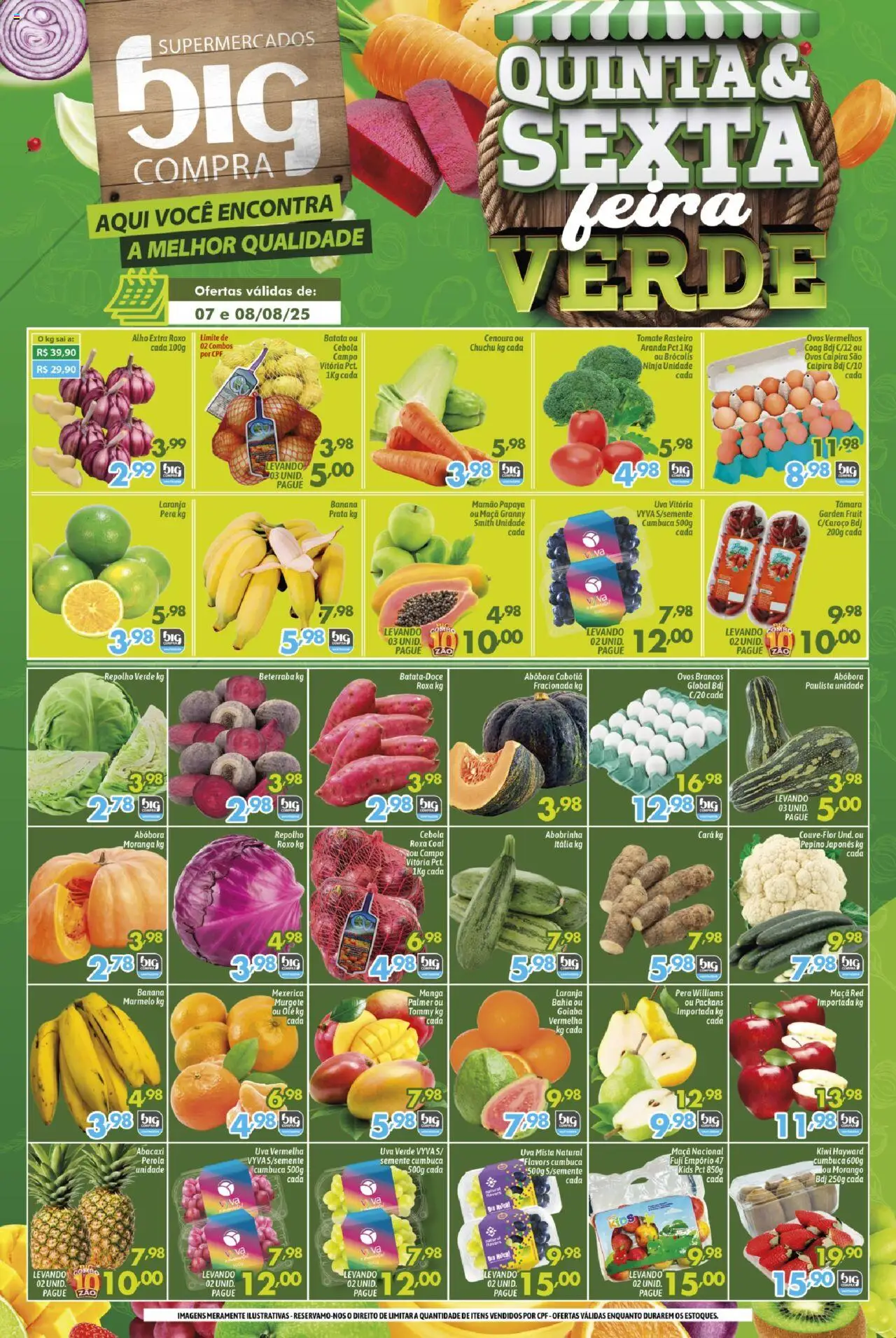 Big Compra folheto "Ofertas Quinta e sexta verde" válido a partir de 07/08/2025 - número de página 1 - Moranga, Brócolis, Chuchu, Batata, Goiaba, Alho, Pepino japonês, Mamão