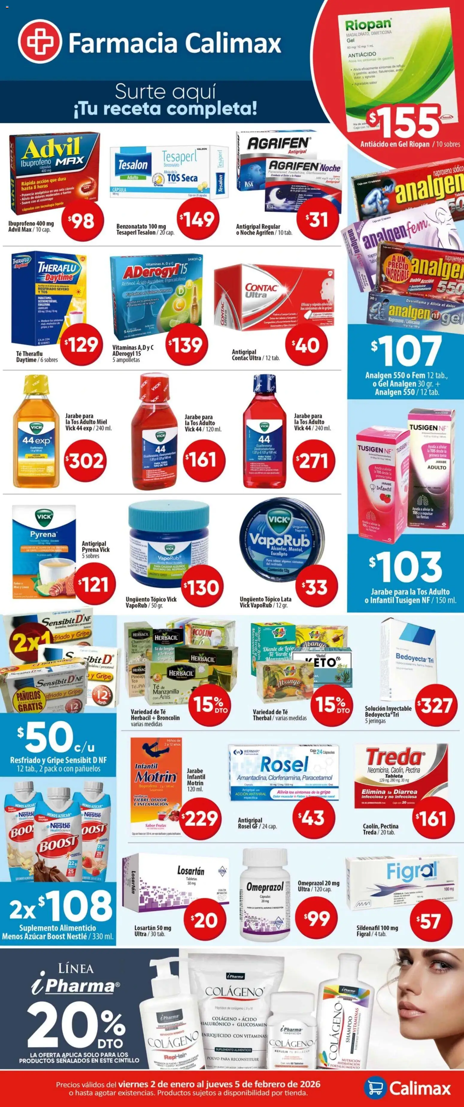Vista previa las ofertas de la tienda Calimax - Folleto Farmacia desde el 02/01/2026 - Té, Jarabe para la tos, Azúcar, Vitaminas, Antiácido, Cápsulas, Polvo, Té verde