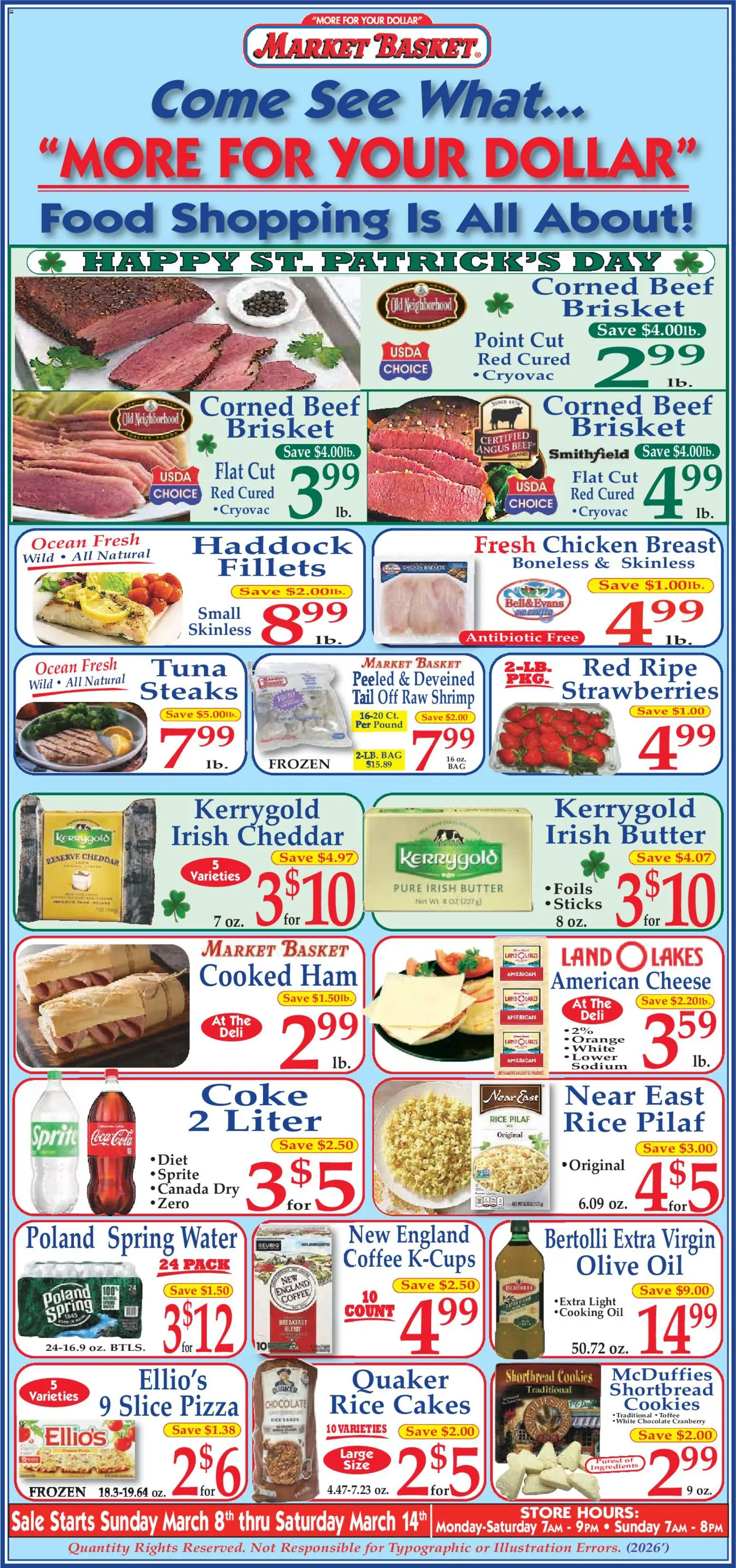 Ad Preview of Market Basket Market Basket Ad from 03/08/2026 - Cookies, Chocolate, Rice cakes, Oil, Tuna, Sprite, Beef, Chicken