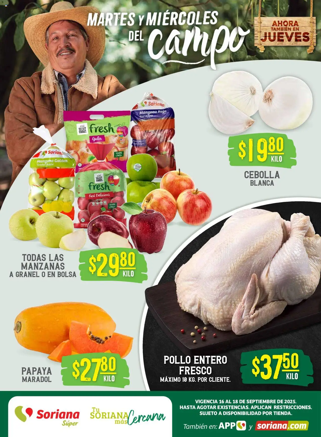 Martes y Miércoles del Campo Súper: Saltillo Soriana y sus promociones válidas desde el 16/09/2025 - Número de página 1 - Pollo, Manzana, Manzanas, Bolsa, Cebolla