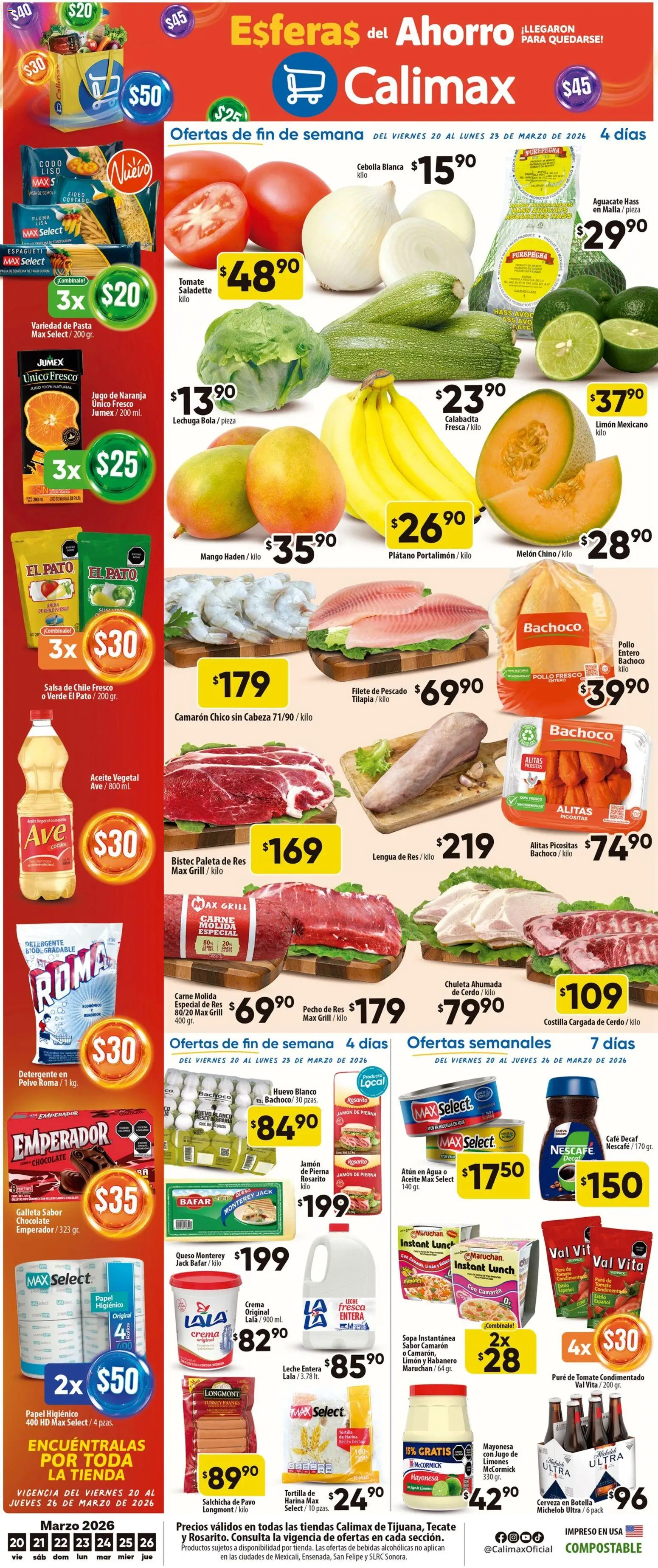 Vista previa las ofertas de la tienda Calimax - Calimax folleto Rosarito desde el 20/03/2026 - Chocolate, Cerveza, Huevo, Carne, Bistec, Jugo de naranja, Res, Carne molida de cerdo
