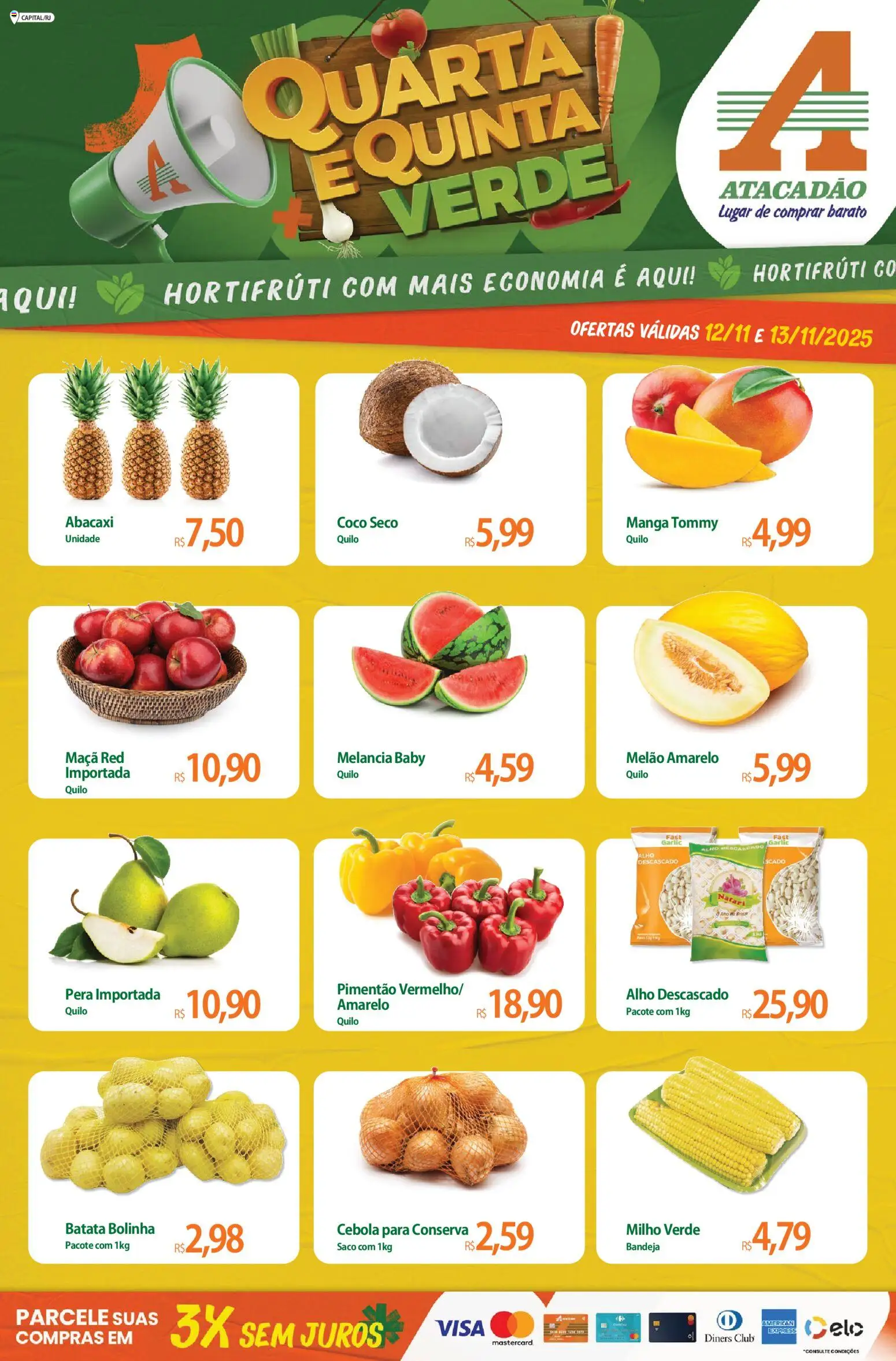 Pré-Visualização do folheto "Ofertas - RJ" da loja Atacadão válido a partir de 12/11/2025 - Coco, Manga, Melancia, Pera, Bandeja, Milho verde, Pimentão, Melão amarelo