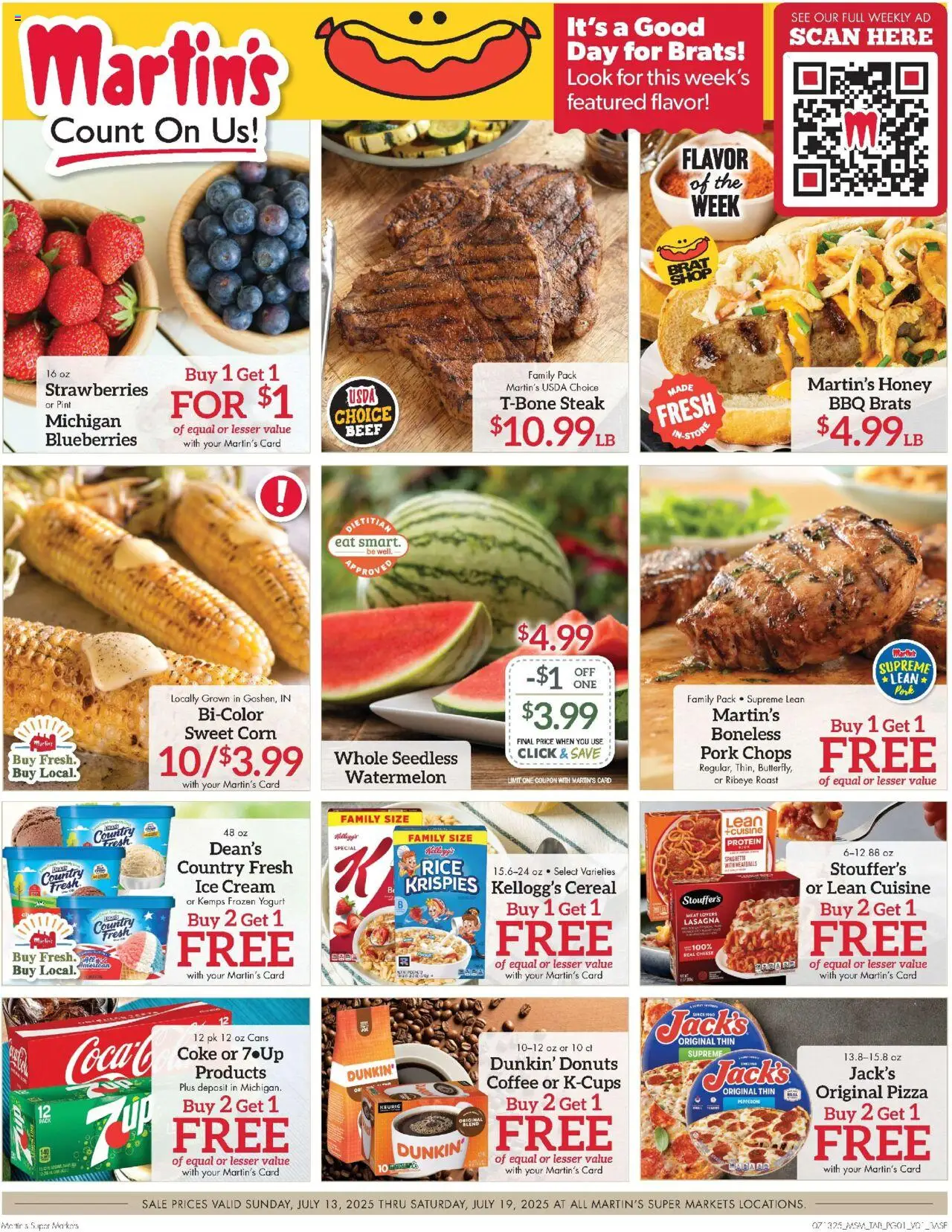 Martin’s Weekly Ad from 07/13/2025 - Flyer - Page number 1 - Coffee, Ice, Honey, Yogurt, Blueberries, Corn, Meat, Beef