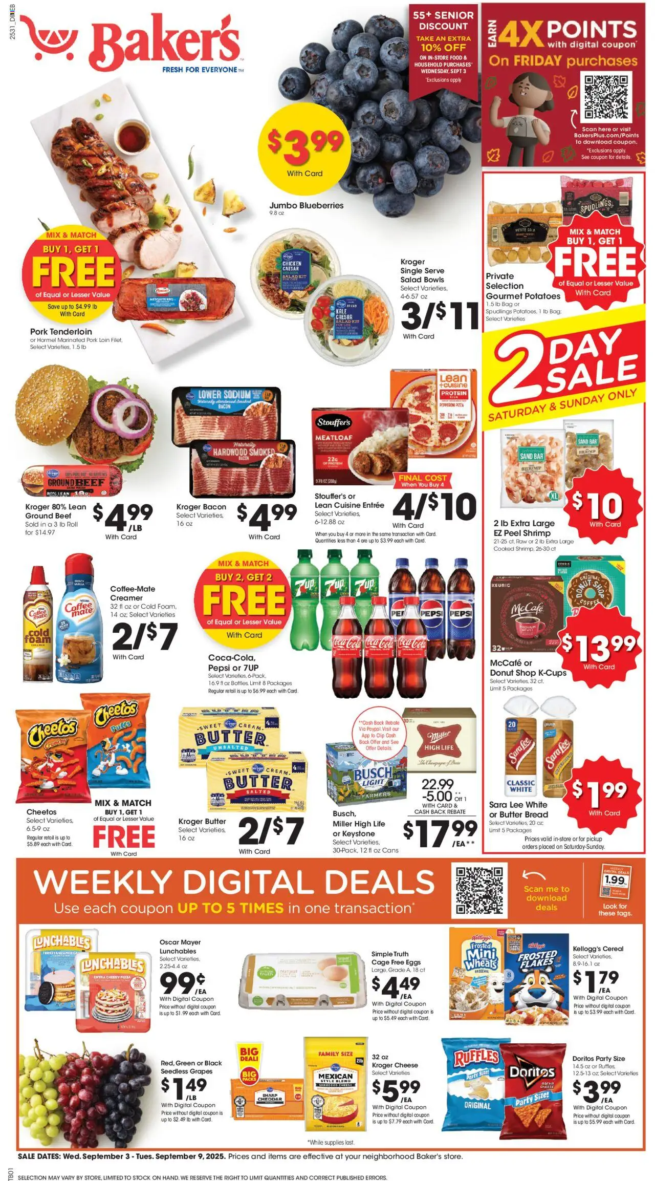 Baker's Weekly Ad from 09/03/2025 - Flyer - Page number 1 - Pizza, Potatoes, Protein, Blueberries, Butter, Pepsi, Ground beef, Pork tenderloin