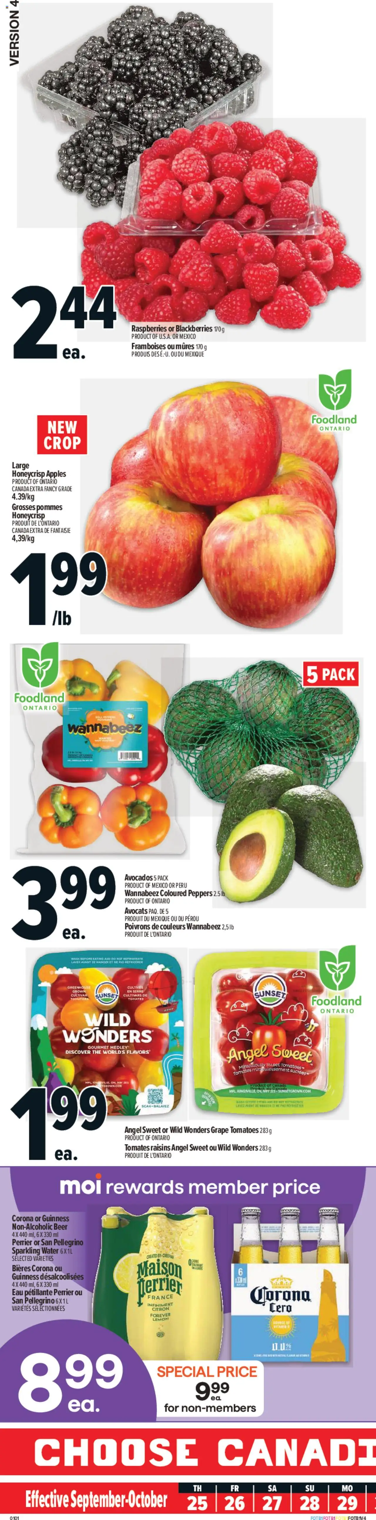 Metro flyer valid from Sep 25, 2025 - page number 1 - Apples, Beer, Water, Tomatoes, Raspberries, Raisins