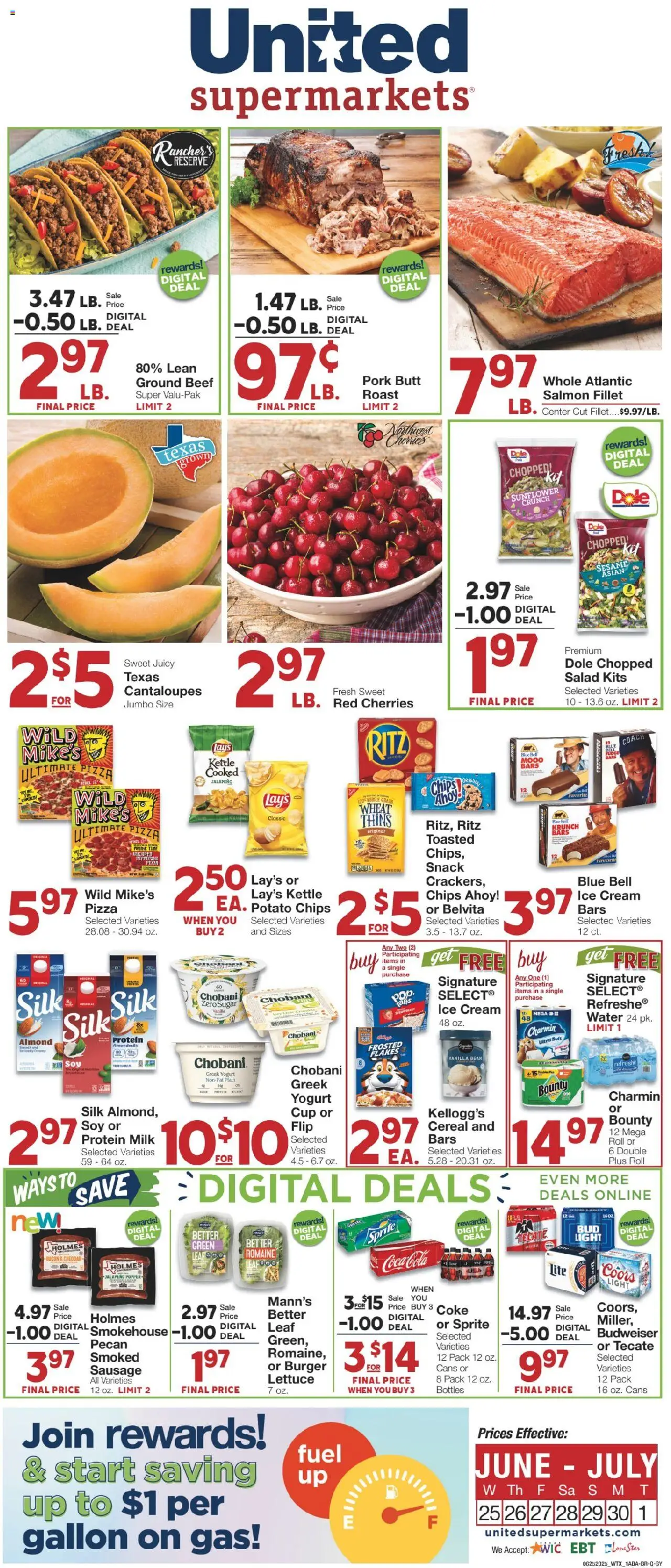 United Supermarkets Weekly Ad from 06/24/2025 - Flyer - Page number 1 - Pizza, Salad, Cantaloupes, Greek yogurt, Lettuce, Beef, Kettle, Romaine