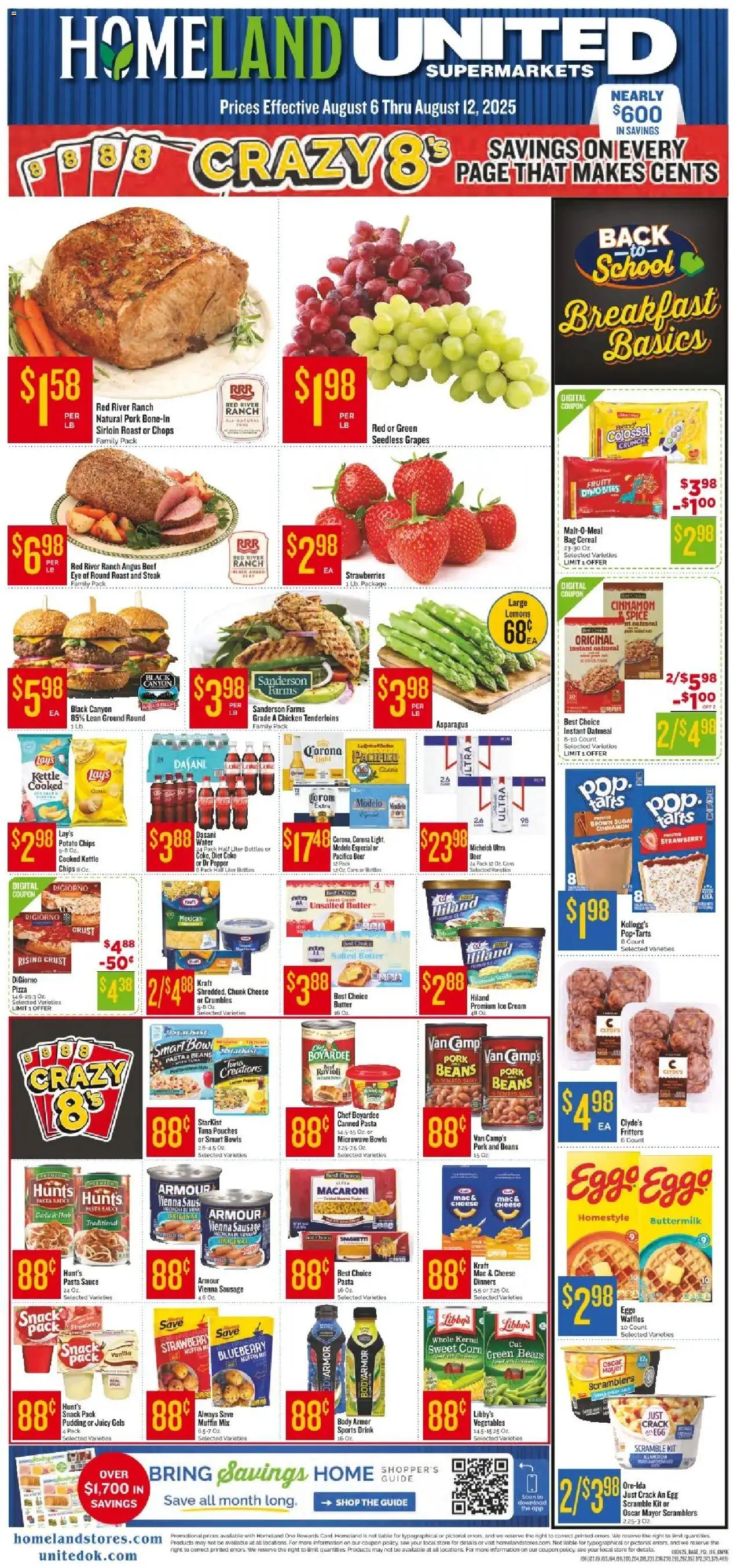 Homeland Weekly Ad from 08/06/2025 - Flyer - Page number 1 - Cheese, Bag, Pork, Cream, Vanilla, Kettle, Pudding, Seedless grapes