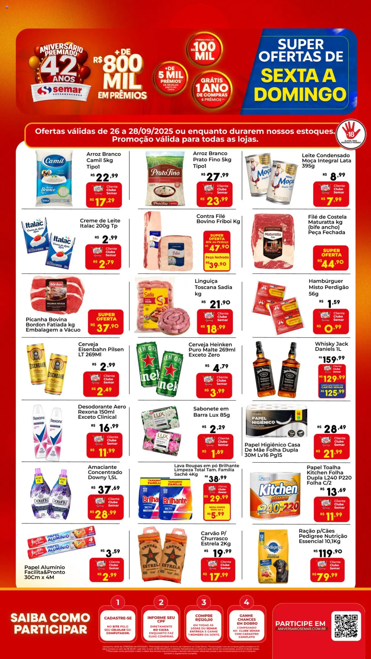 Semar Supermercado folheto "Ofertas da semana" válido a partir de 26/09/2025 - número de página 1 - Caixa, Hambúrguer, Whisky, Roupas, Sabonete, Ração, Bife ancho, Filé de costela