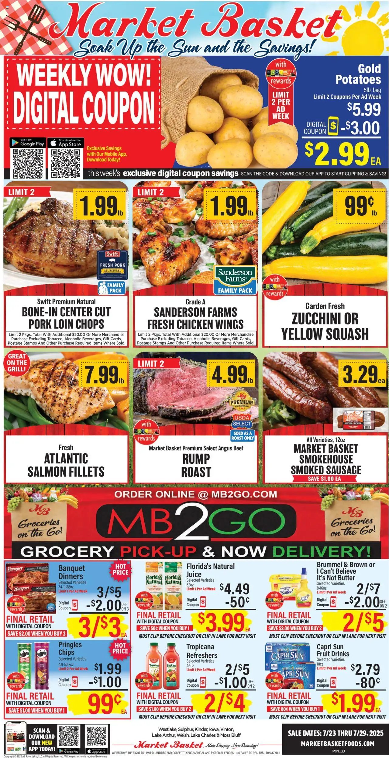 Market Basket Weekly Ad from 07/23/2025 - Flyer - Page number 1 - Pork loin, Chicken wings, Pork, Beef, Fruit, Sausage, Bag, Salmon
