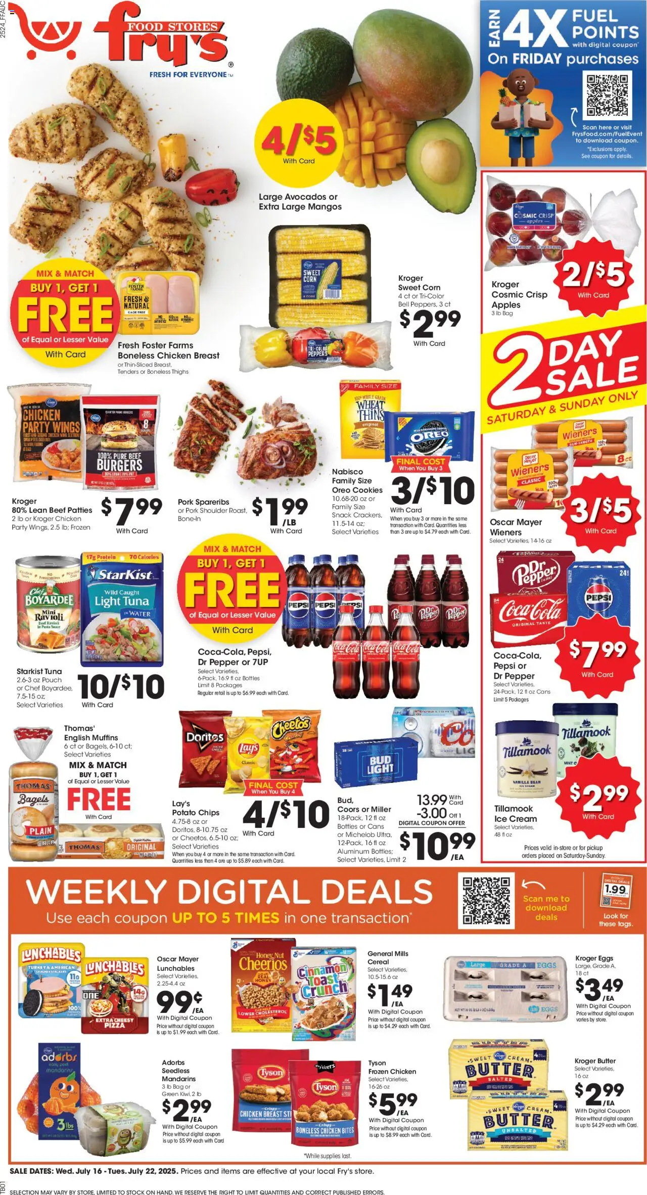 Fry's Food Weekly Ad from 07/16/2025 - Flyer - Page number 1 - Turkey, Beef, Chips, Ice cream, Cereal, Tuna, Bag, Pepsi