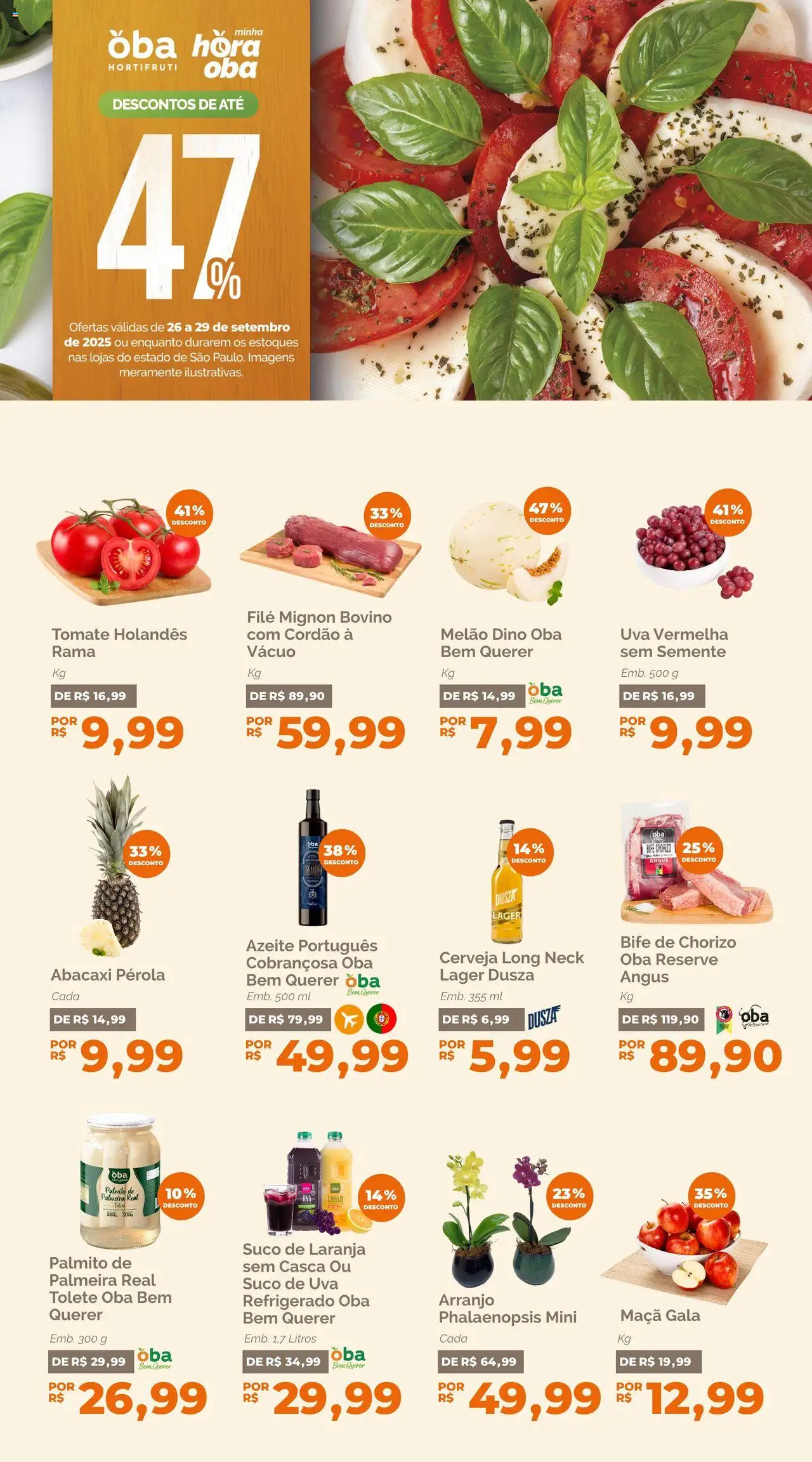Oba Hortifruti folheto "Ofertas da semana" válido a partir de 26/09/2025 - número de página 1 - Cerveja, Uva, Abacaxi, Azeite, Tomate, Suco, Palmito, Suco de laranja