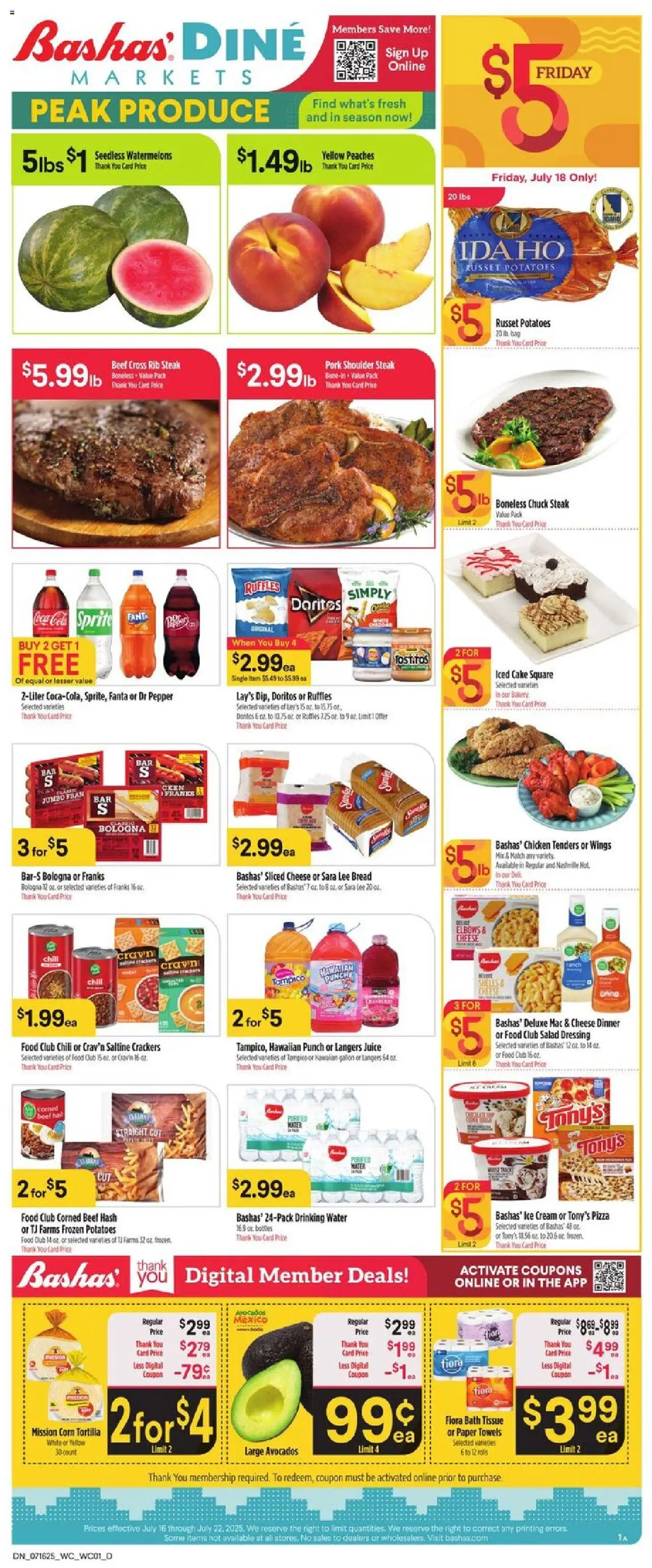 Basha's Dine from 07/16/2025 - Flyer - Page number 1 - Chili, Cake, Potatoes, Dressing, Juice, Beef, Pork, Chicken