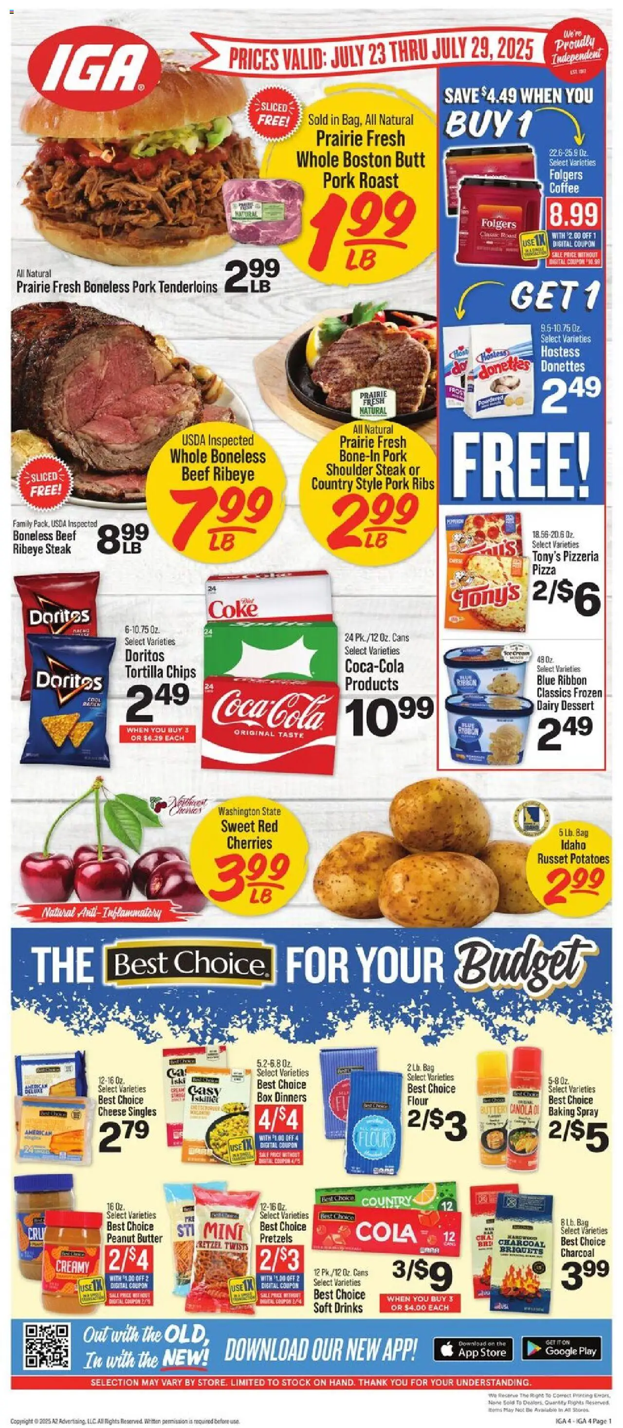 IGA Weekly Ad from 07/23/2025 - Flyer - Page number 1 - Dessert, Box, Chips, Potatoes, Cherries, Beef, Peanut butter, Tortilla chips