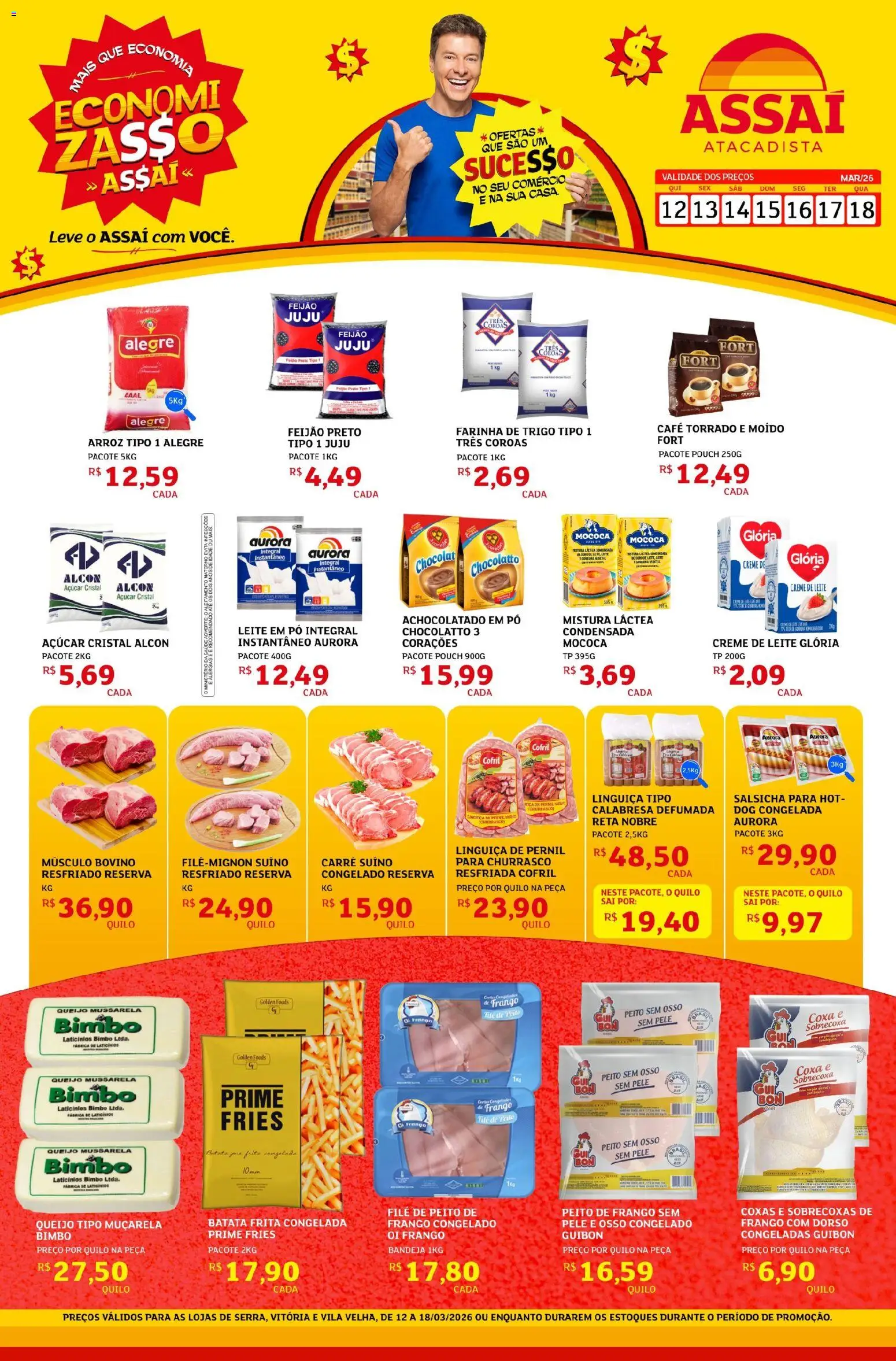 Pré-Visualização do folheto "Assaí Atacadista ofertas - ES" da loja Assaí Atacadista válido a partir de 12/03/2026 - Açúcar, Peito de frango, Farinha de trigo, Pó, Linguiça, Achocolatado, Músculo bovino, Batata frita congelada