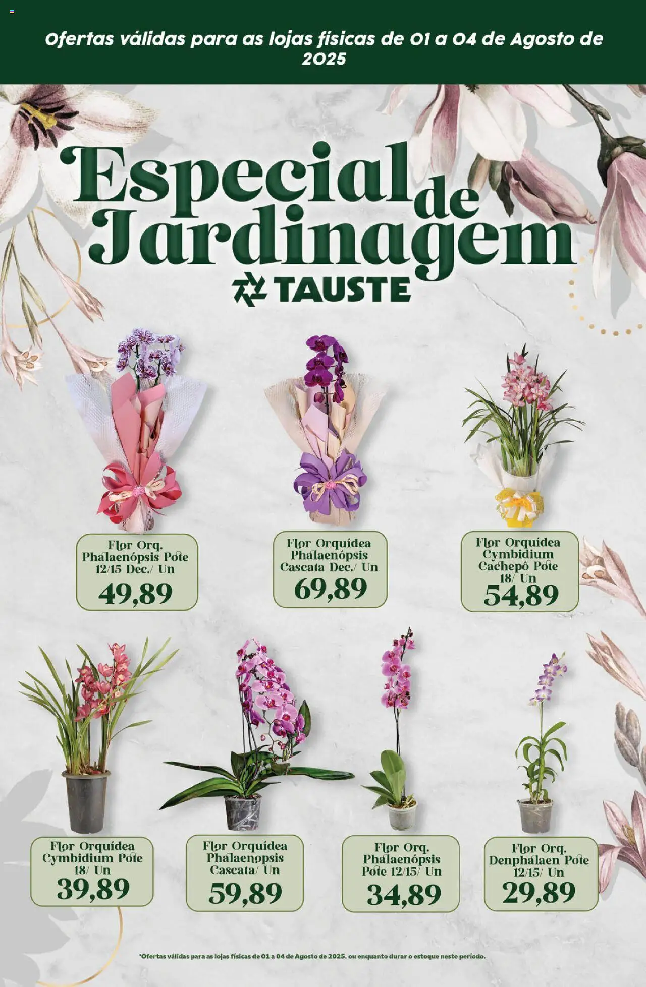 Tauste folheto "Ofertas Tauste Especial Festival das Flores" válido a partir de 01/08/2025 - número de página 1 - Orquídea, Denphalaen