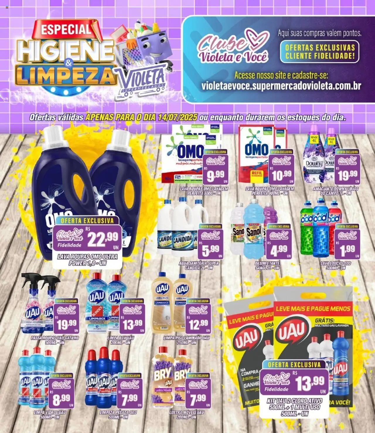 Violeta Supermercados folheto "Ofertas da semana" válido a partir de 14/07/2025 - número de página 1 - Limpa piso, Piso, Piso laminado, Água, Limpa vidros, Amaciante, Desinfetante, Água sanitária