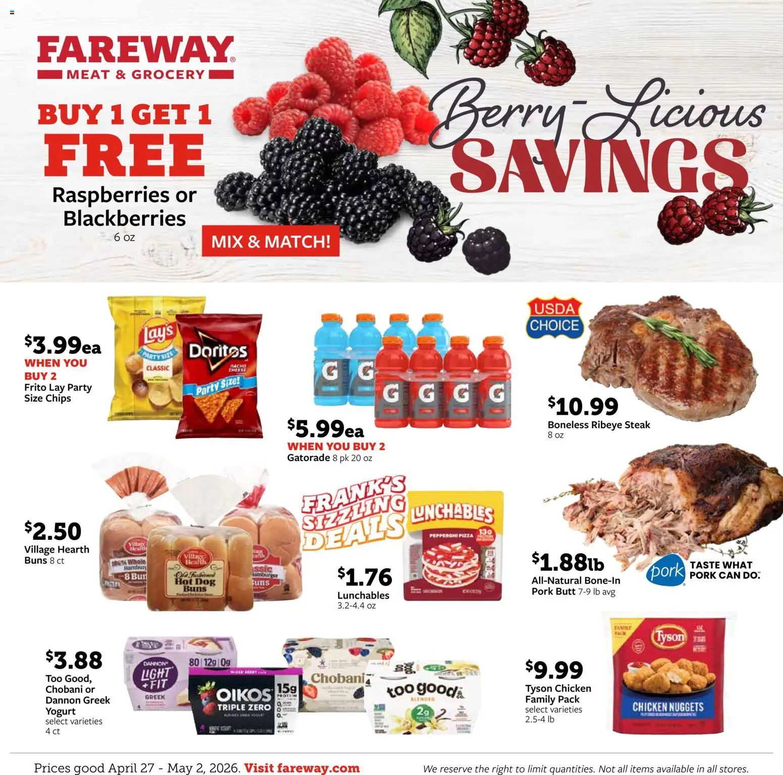 Ad Preview of Fareway Fareway Weekly Ad from 04/27/2026 - Pizza, Steak, Chips, Yogurt, Meat, Pork, Pork butt, Chicken