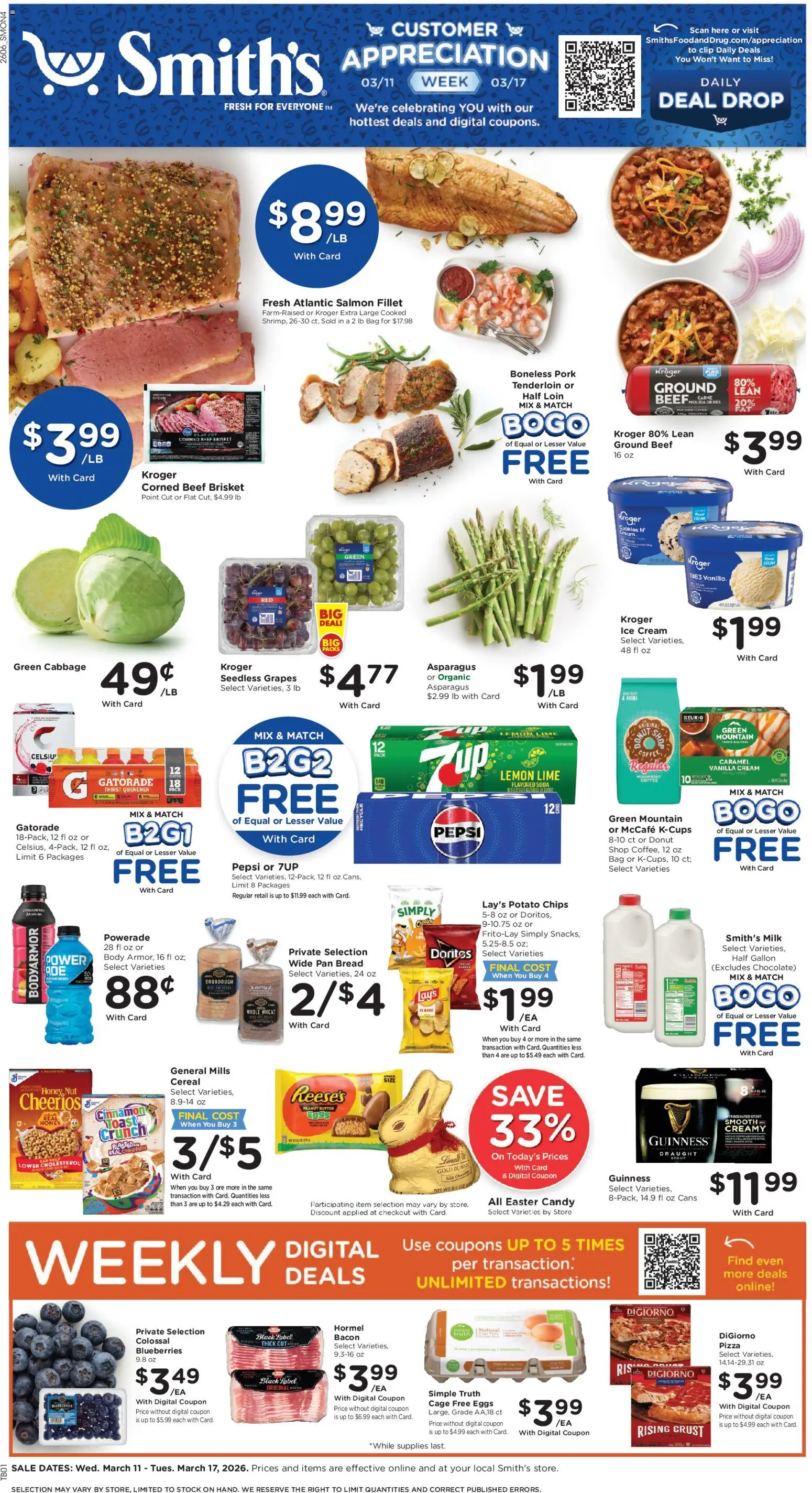 Ad Preview of Smith's Smith's Weekly Ad from 03/11/2026 - Pizza, Coffee, Ice cream, Beef, Cabbage, Lime, Ground beef, Potato chips