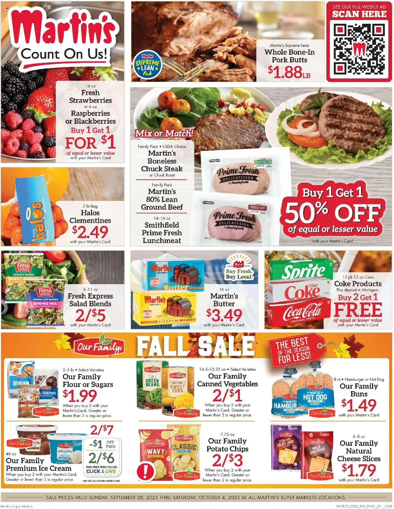Martin’s Weekly Ad from 09/28/2025 - Flyer - Page number 1 - Ice cream, Salad, Chips, Butter, Raspberries, Ground beef, Cheddar cheese, Canned vegetables