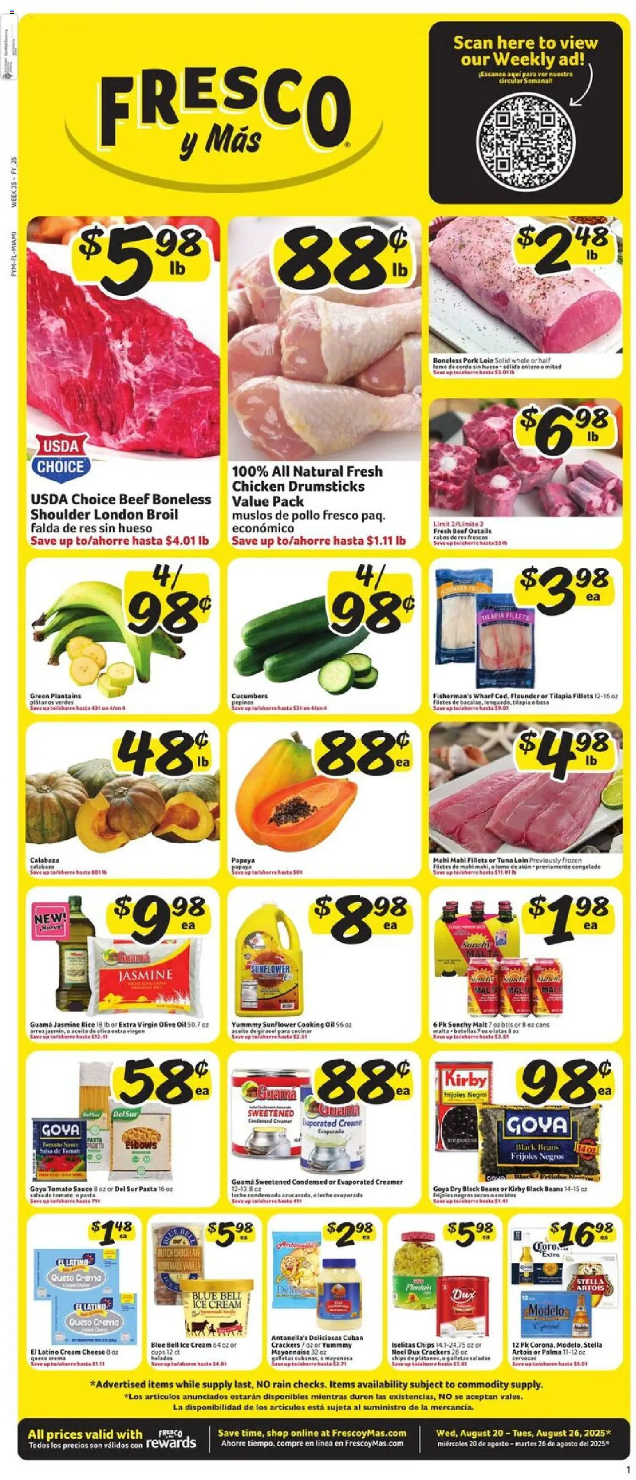 Fresco y Más Weekly Ad from 08/20/2025 - Flyer - Page number 1 - Chocolate, Pasta, Ice, Chips, Oil, Beans, Jasmine rice, Extra virgin olive oil