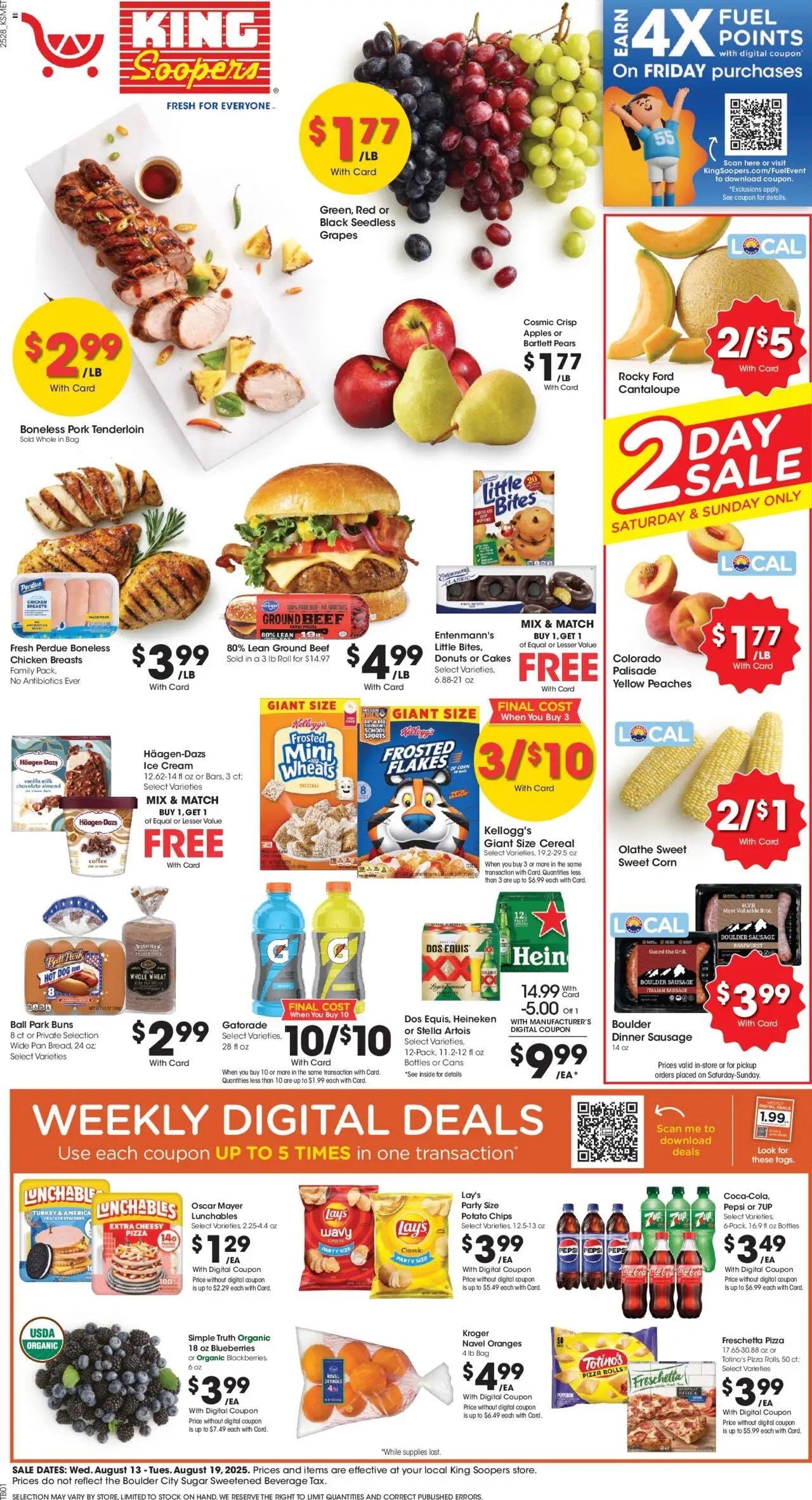 King Soopers Weekly Ad from 08/13/2025 - Flyer - Page number 1 - Ice cream, Oranges, Chips, Sausage, Ground beef, Bratwurst, Pears, Vanilla