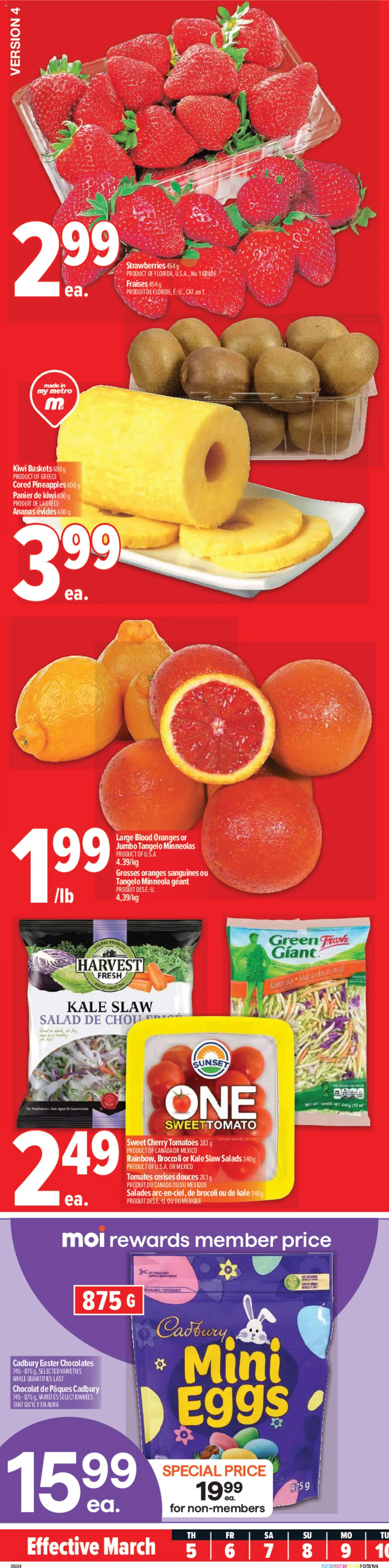 Preview of leaflet Metro weekly flyer - Trois-Pistoles from shop Metro is valid from Mar 05, 2026 - Eggs, Salad, Oranges, Strawberries, Broccoli, Kale, Tomatoes, Cherry tomatoes