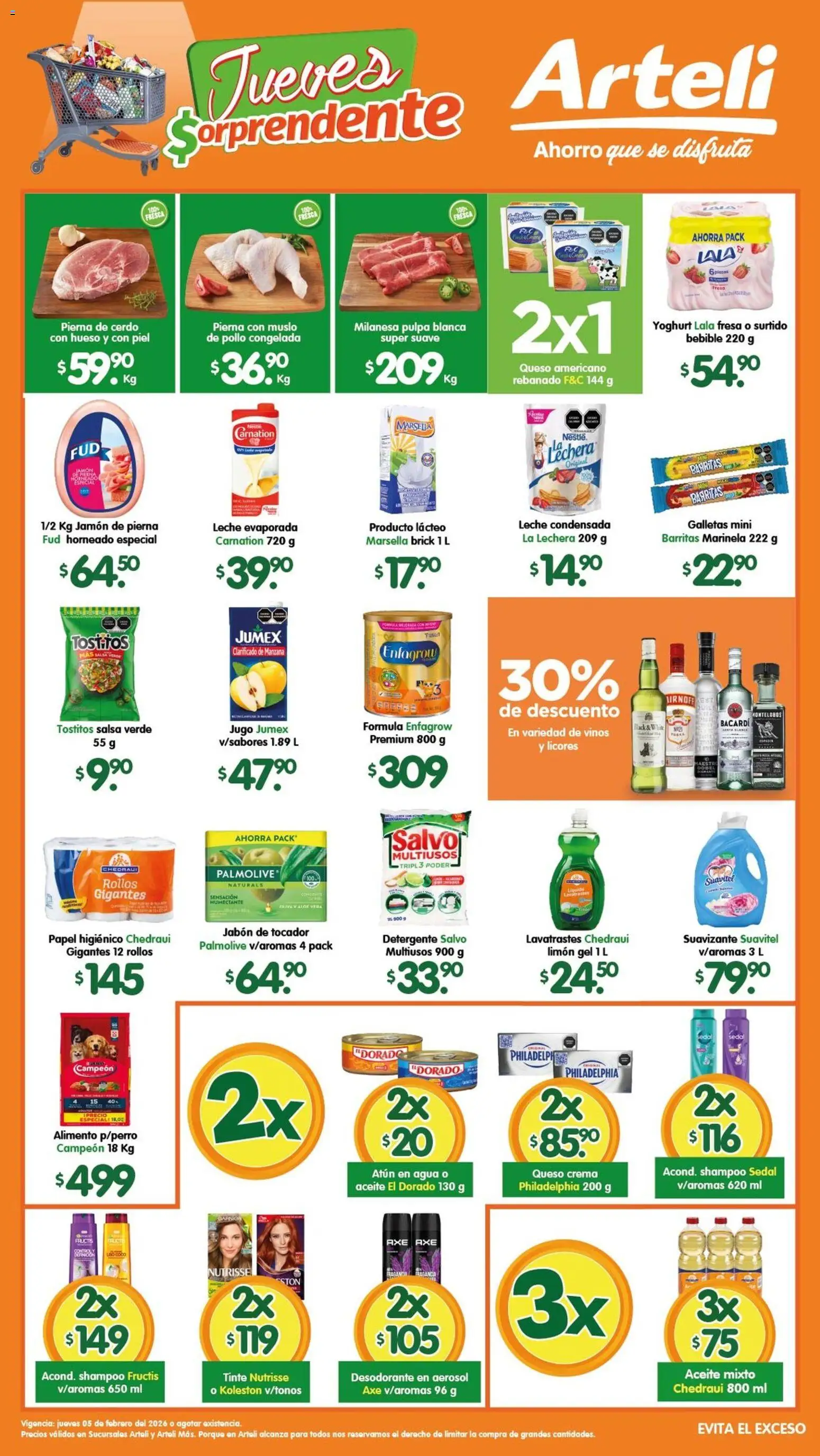 Vista previa las ofertas de la tienda Arteli - Folleto desde el 05/02/2026 - Fresa, Manzana, Shampoo, Leche, Queso, Crema, Detergente, Milanesa