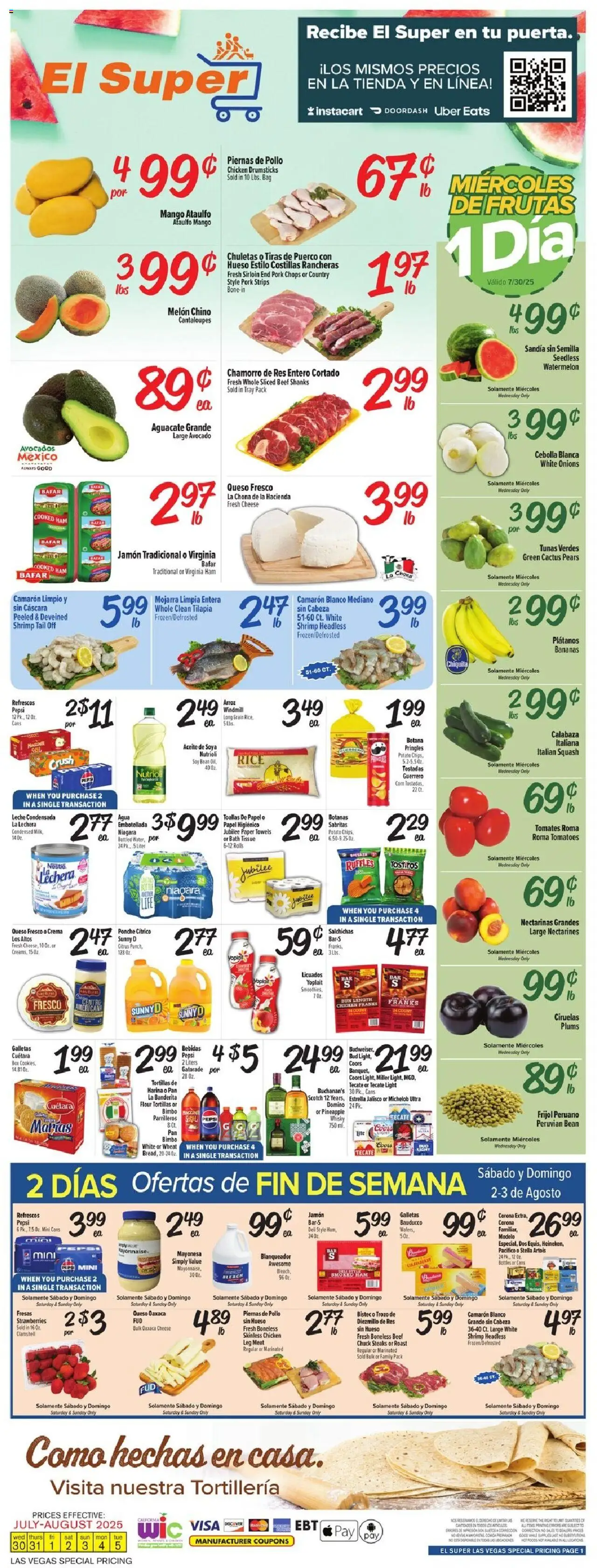 El Super Weekly Ad - NV from 07/30/2025 - Flyer - Page number 1 - Water, Shrimp, Tortillas, Pork, Pears, Nectarines, Paper towels, Chicken drumsticks