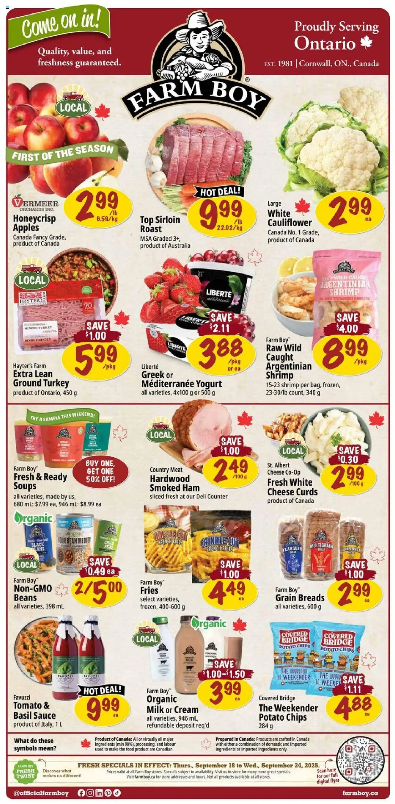 Preview of leaflet Weekly flyer / circulaire from shop Farm Boy is valid from Sep 18, 2025 - Apples, Turkey, Yogurt, Cauliflower, Cream, Roast, Ingredients, French fries