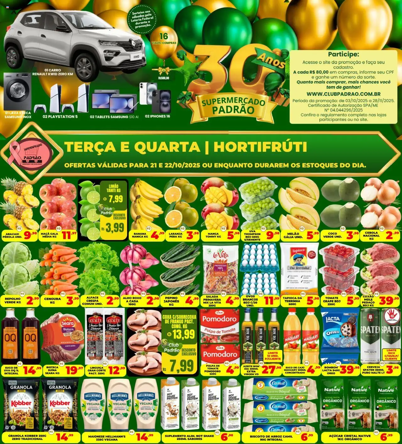 Supermercado Padrão folheto "Ofertas Hortifruti" válido a partir de 21/10/2025 - número de página 1 - Tapioca, Uva, Ovos, Pera, Tomate, Alface, Salada, Repolho