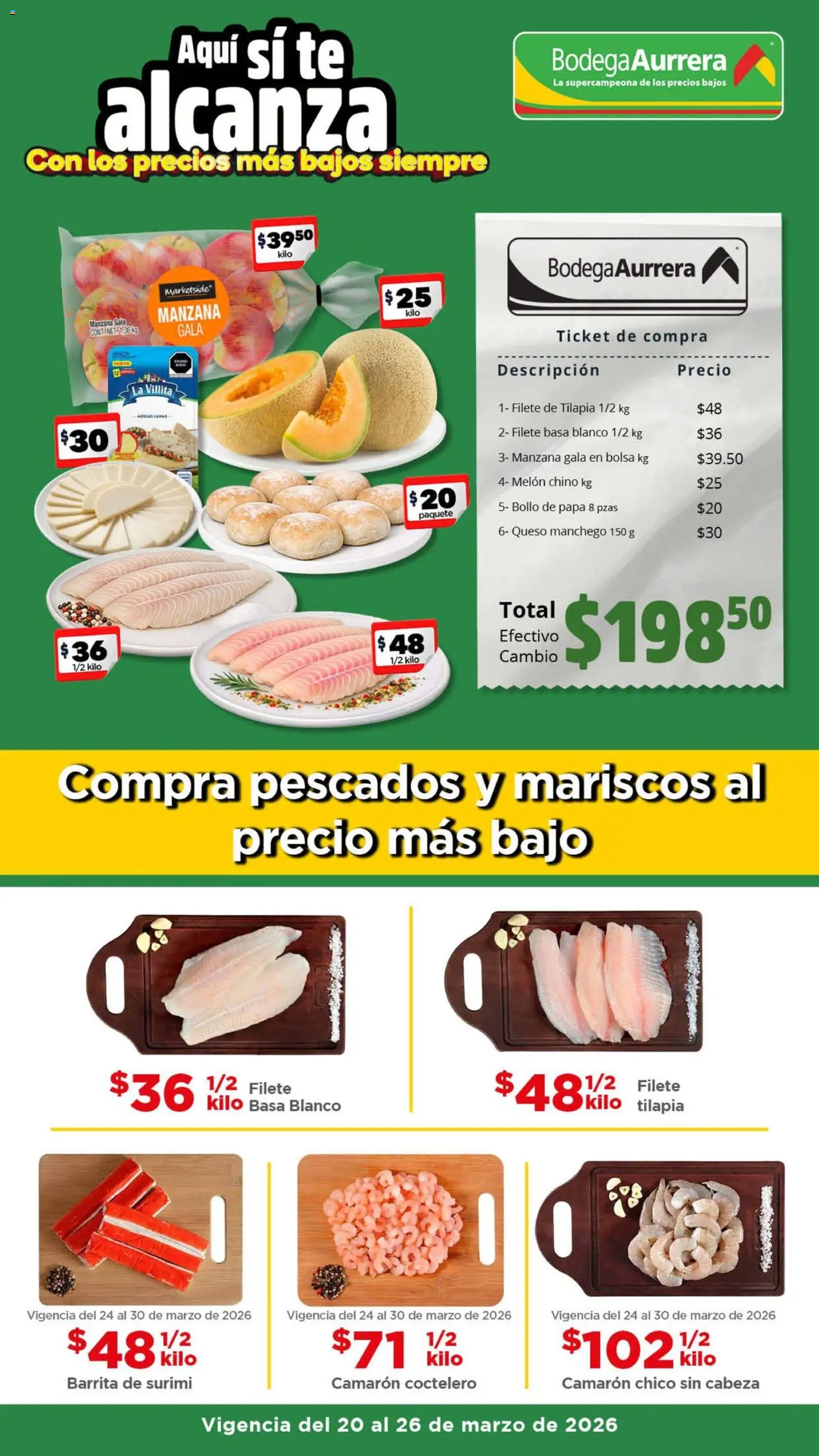Vista previa las ofertas de la tienda Bodega Aurrerá - Bodega Aurrerá folleto Ofertas desde el 20/03/2026 - Manzana, Bolsa, Queso, Pescados, Tilapia, Bollo, Filete, Melón