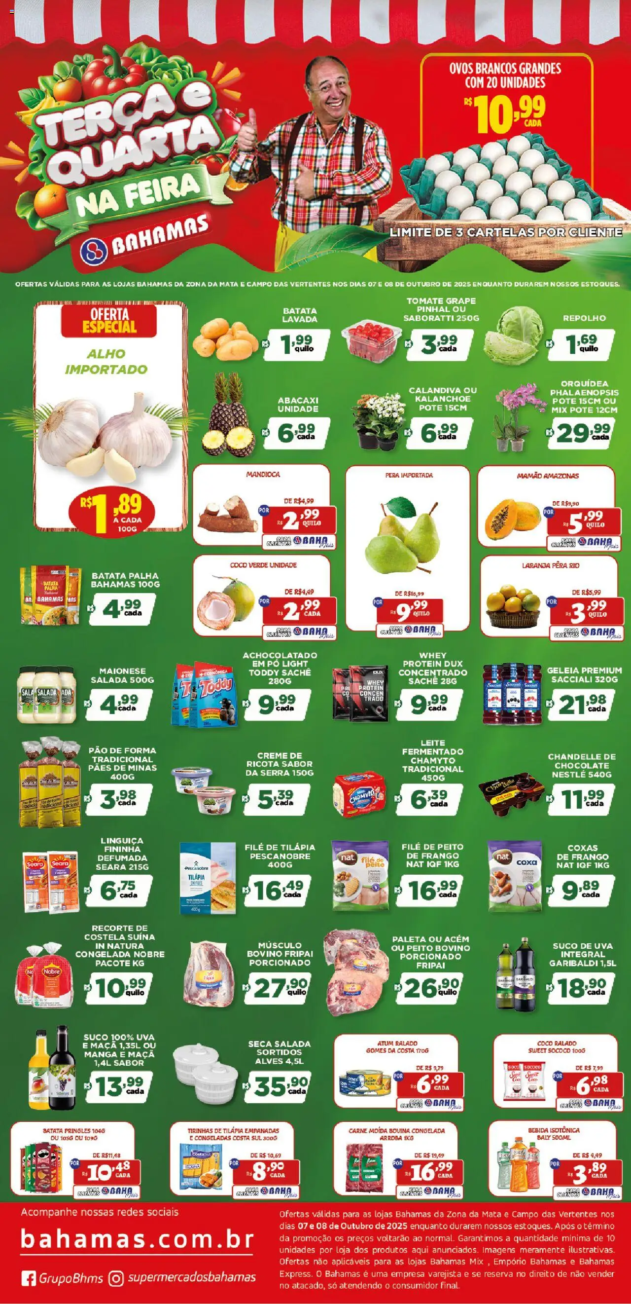 Bahamas Supermercados folheto "Ofertas Terça e Quarta na Feira" válido a partir de 07/10/2025 - número de página 1 - Orquídea, Ovos, Pão, Abacaxi, Batata, Pão de forma, Coxa de frango, Carne moída bovina