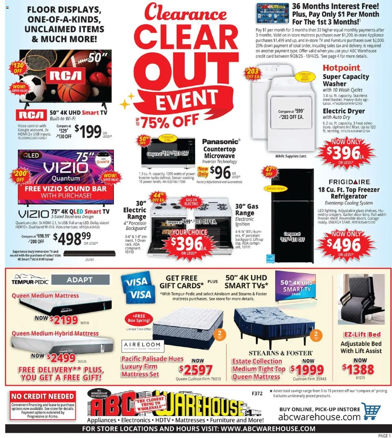ABC Warehouse Weekly Ad from 09/28/2025 - Flyer - Page number 1 - Box, Tv, Mattress, Microwave, Bed, Dryer, Usb, Cushion