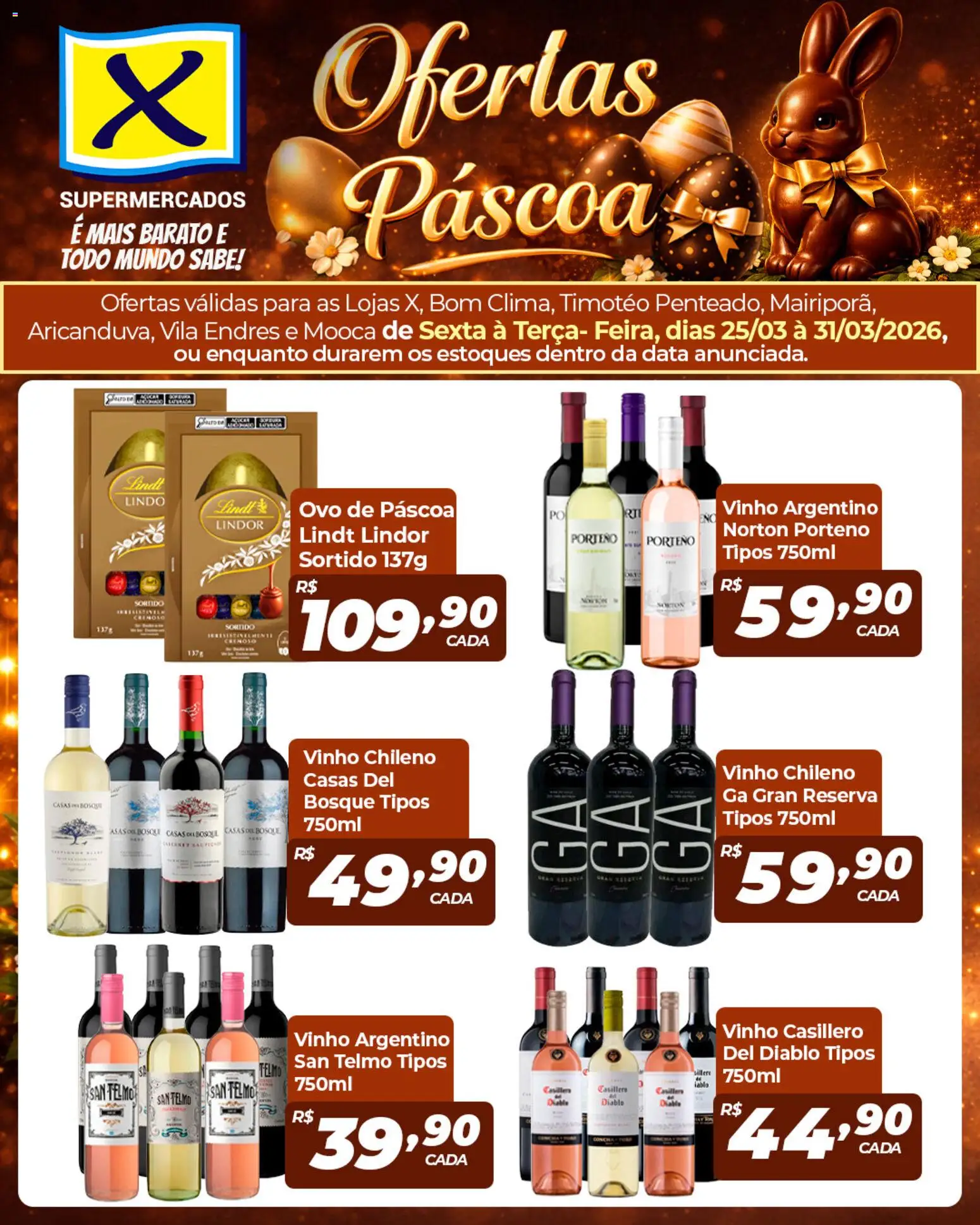 Pré-Visualização do folheto "X Supermercados ofertas Páscoa irresistível e vinhos" da loja X Supermercados válido a partir de 25/03/2026 - Ovo de páscoa, Vinho