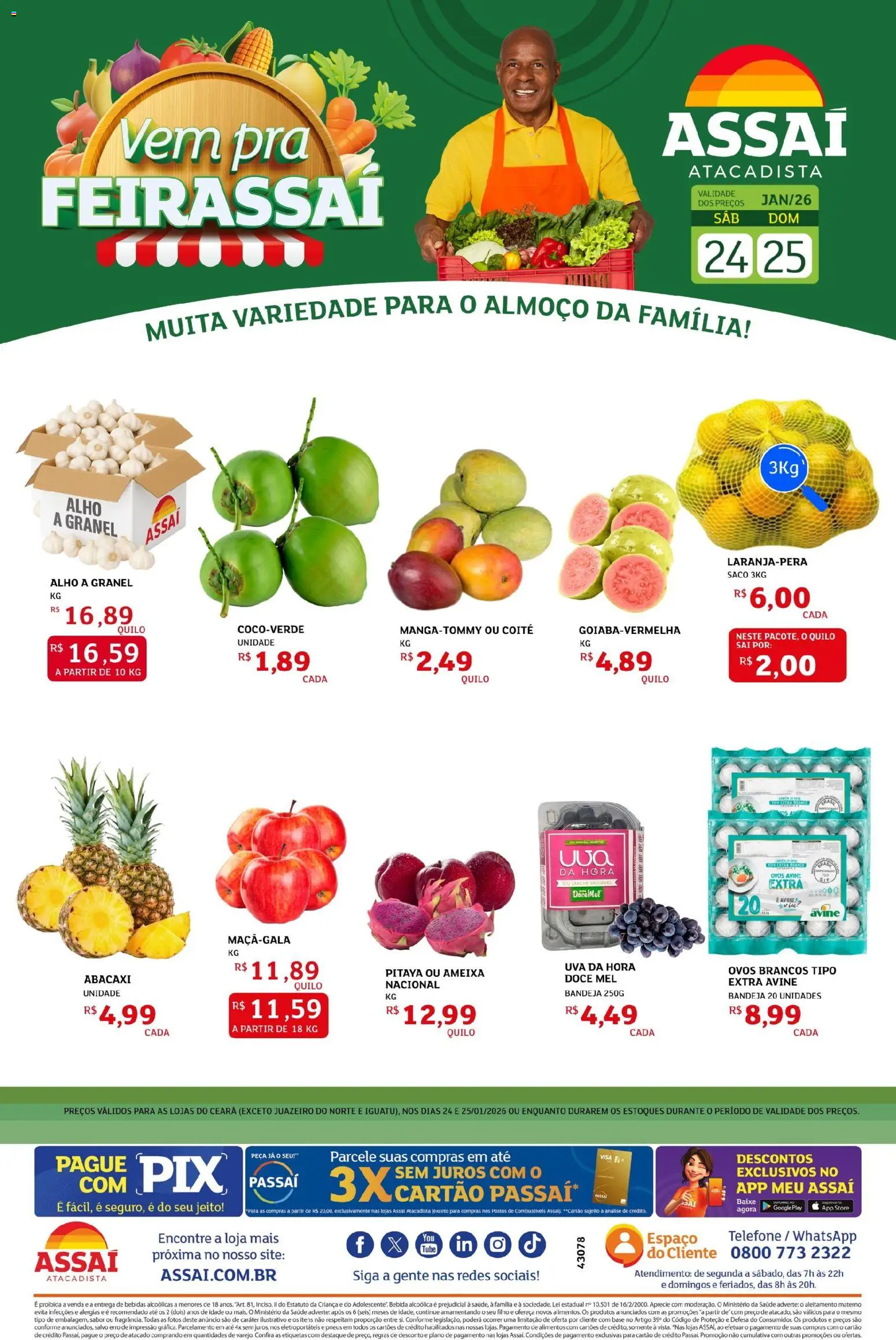 Pré-Visualização do folheto "Encarte - CE" da loja Assaí Atacadista válido a partir de 24/01/2026 - Telefone, Uva, Pneus, Bebida, Ameixa, Mel, Bandeja, Alho