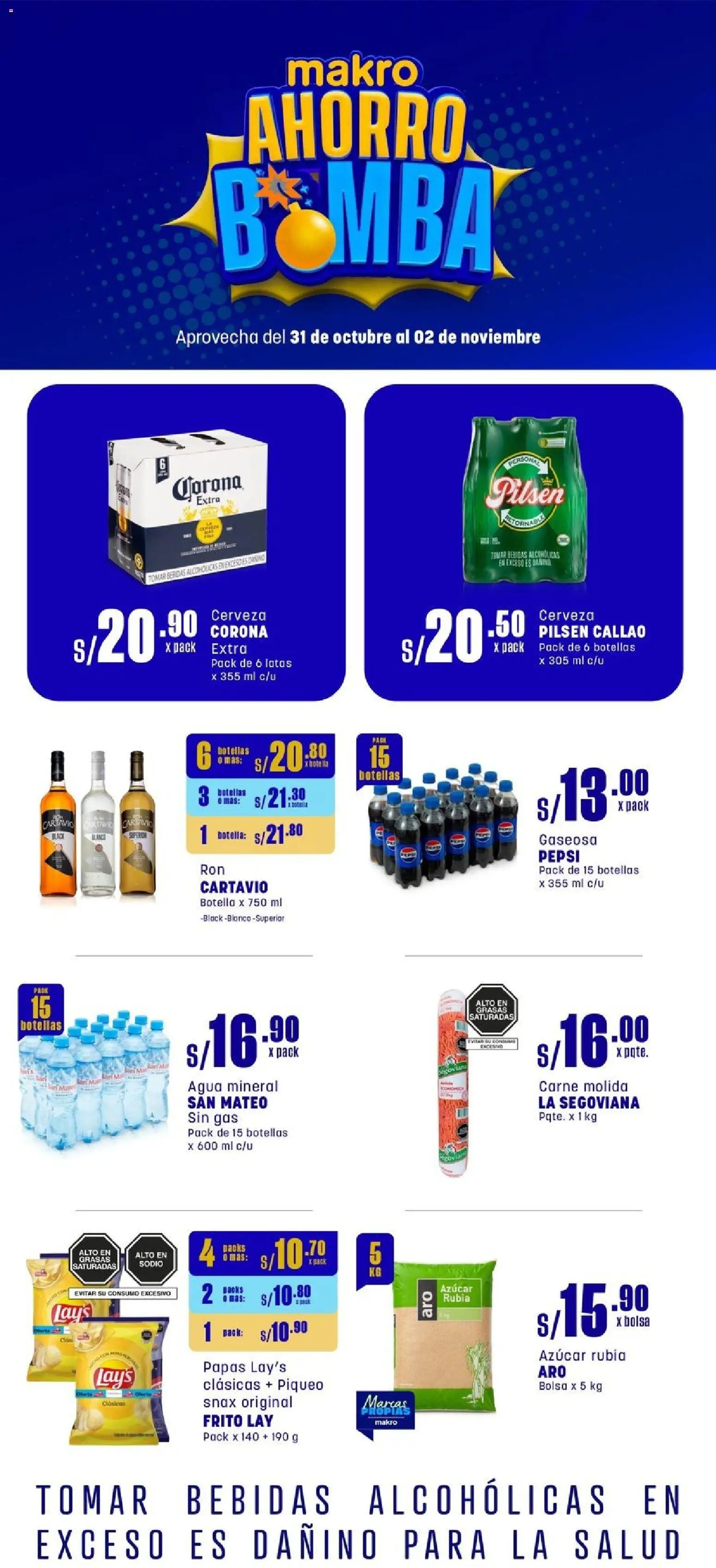 Vista previa de Volante FDS #5 Octubre de la tienda Makro válido desde 31/10/2025 - Papas, Agua, Cerveza, Azúcar, Bolsa, Bebidas, Agua mineral, Carne molida