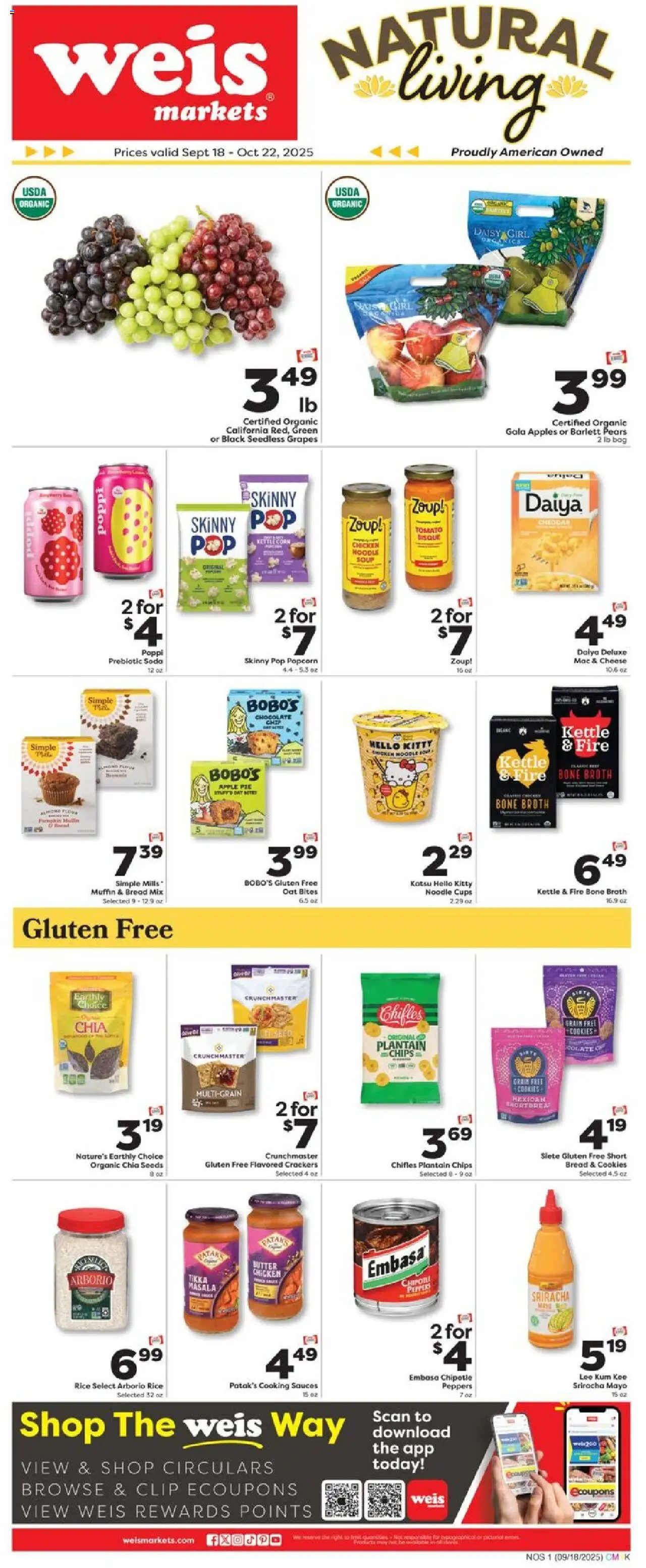Weis Natural Living from 09/18/2025 - Flyer - Page number 1 - Apples, Chips, Butter, Peppers, Grapes, Muffin, Clip, Kettle