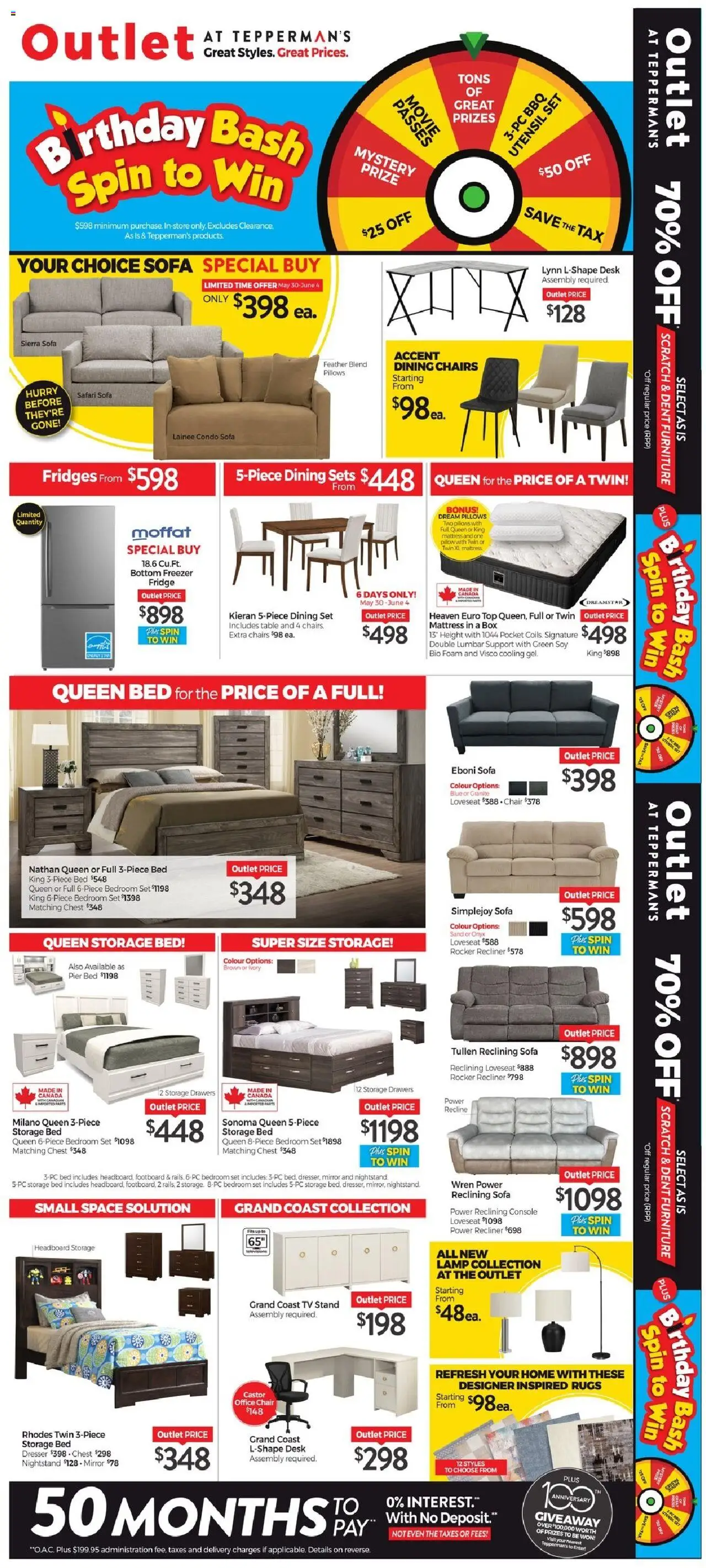 Tepperman's flyer valid from May 30, 2025 - page number 1 - Dresser, Freezer, Foam, Bed, Mattress, Sofa, Table, Mirror