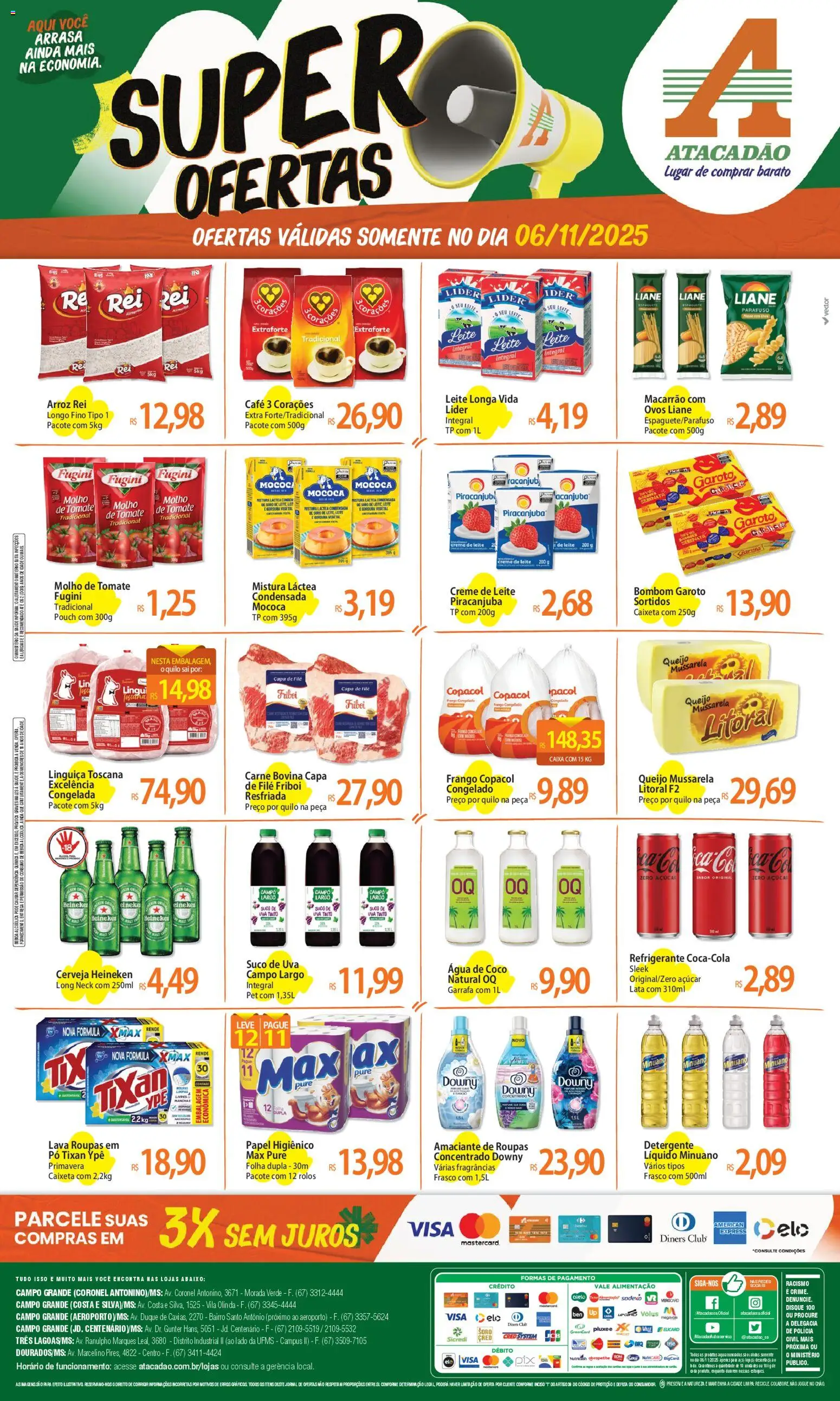 Pré-Visualização do folheto "Ofertas - MS" da loja Atacadão válido a partir de 06/11/2025 - Uva, Bebida, Frango, Mussarela, Suco, Refrigerante, Molho de tomate, Amaciante de roupas